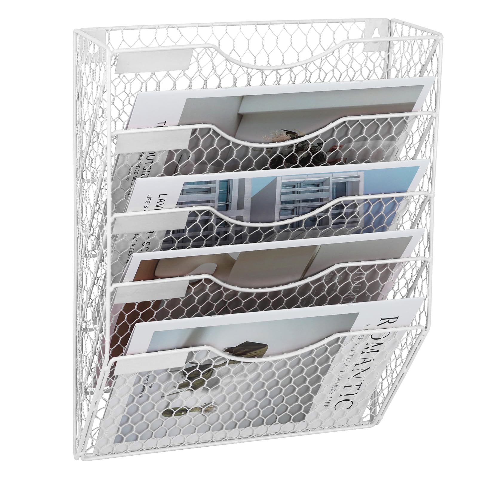EASEPRES Mail Organizer Wall Mount Hanging File Holder Storage, Metal Chicken Wire Magazine Rack 5 Tier, White