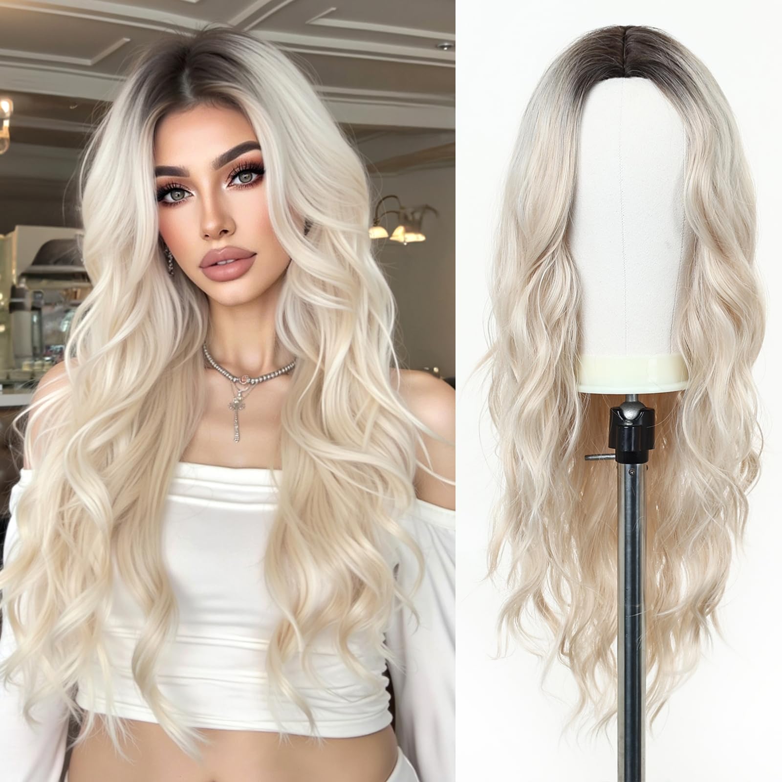 Esmee Long Wavy Platinum Blonde Wigs for Women Natural Synthetic Hair Ombre Wig for Daily & Party Use, Platinum Blonde 1242-1