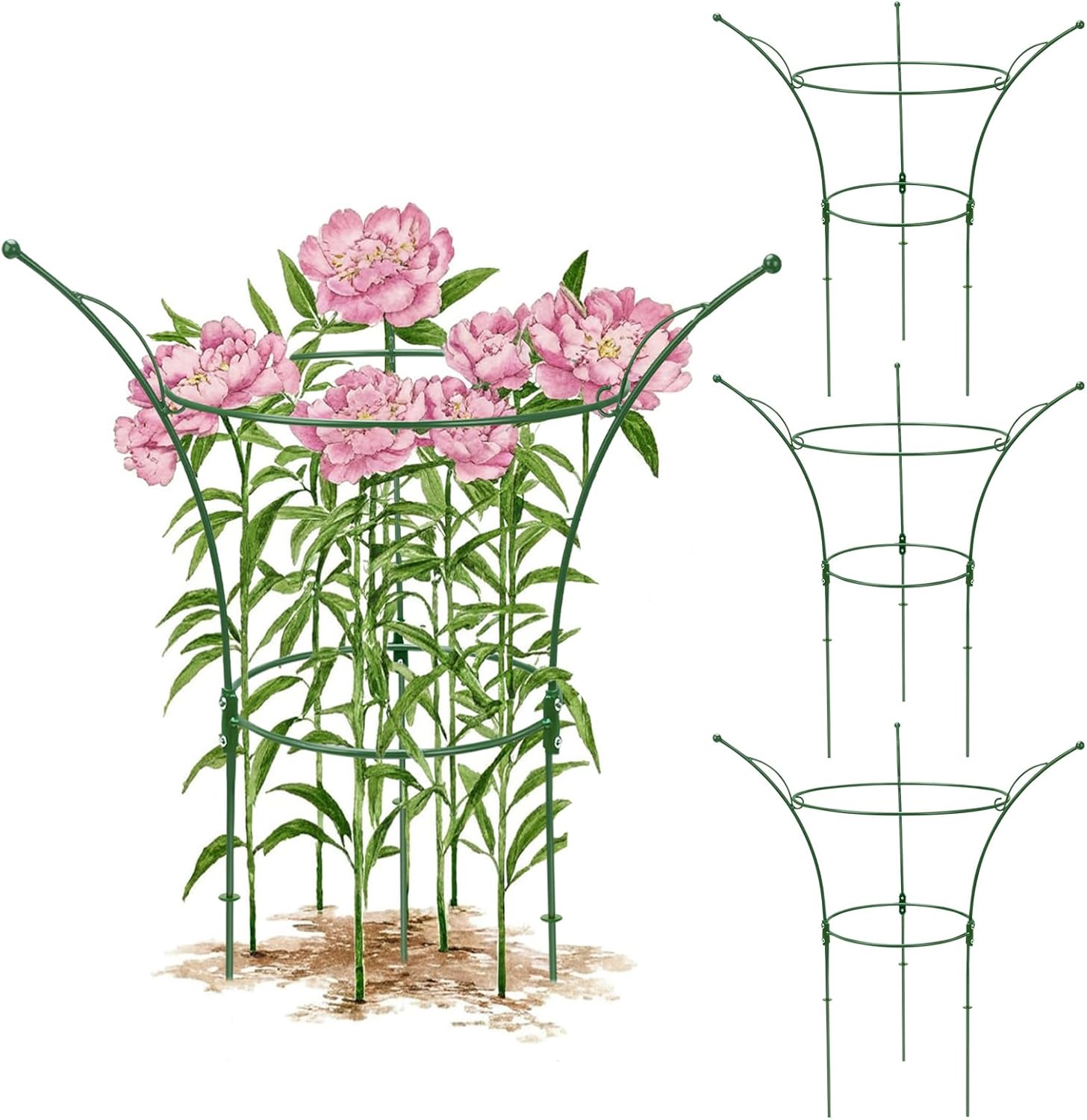 4 Pack Peony Cages and Supports Cages 13" D x 22.8" H Sturdy Metal Support Frame for Peonies & Roses Natural Bouquet Shape Garden Stakes for Outdoor Plants Flowers Ornamental (Green)
