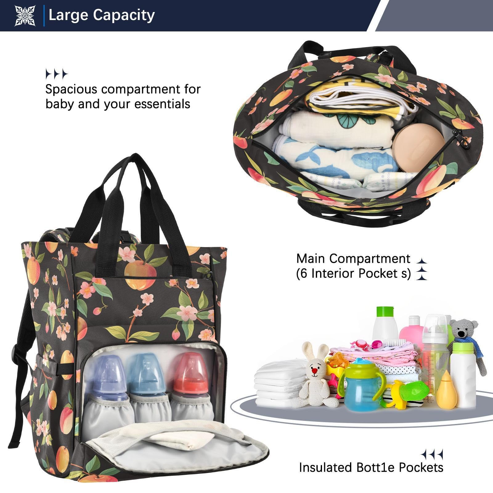 Flores De MelocotóN Negro Mochilas de Pañales para Gran Capacidad Pañal Bolso Mochila para Viajar al Aire Libre Mamá y Papá