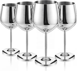 Tessco for you Set of 4 Stainless Steel Metal Wine Glass 18 oz Silver