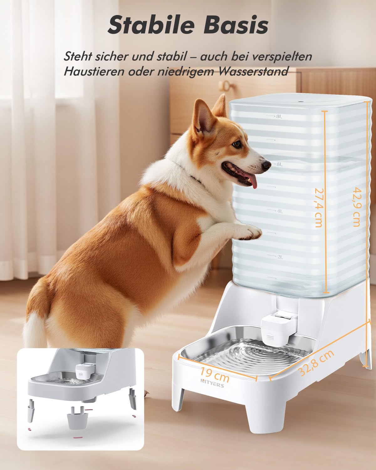 8L Wasserspender für Hunde und Katzen mit patentiertem Wasserhahn, futterautomat Katze mit Filter,verstellbarem Sockel, leicht zu reinigen, lebensmittelecht & BPA-frei