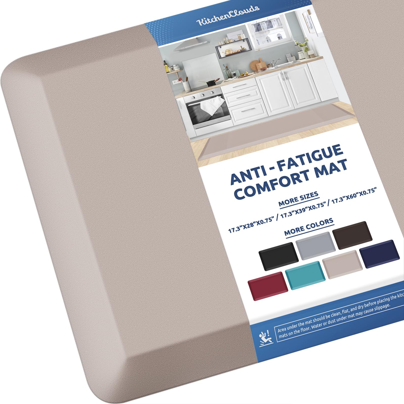KitchenClouds Kitchen Mat Cushioned Anti Fatigue Kitchen Rug 0.75inch Waterproof Non Slip Kitchen Rugs and Mats Standing Desk Mat Comfort Floor Mats for Kitchen Sink Office (17.3"x60",Khaki)