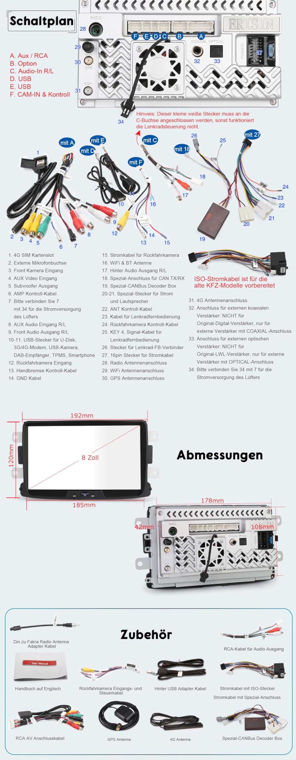 Erisin 8" Qualcomm 8-Kern 4GB+64GB Autoradio Bluetooth Android 14 GPS Navi für Renault Dacia Duster Sandero Logan Dokker Lodgy CarPlay Android Auto WiFi 4G OBD2 RDS DAB+ DSP Lenkradsteuerung Canbus