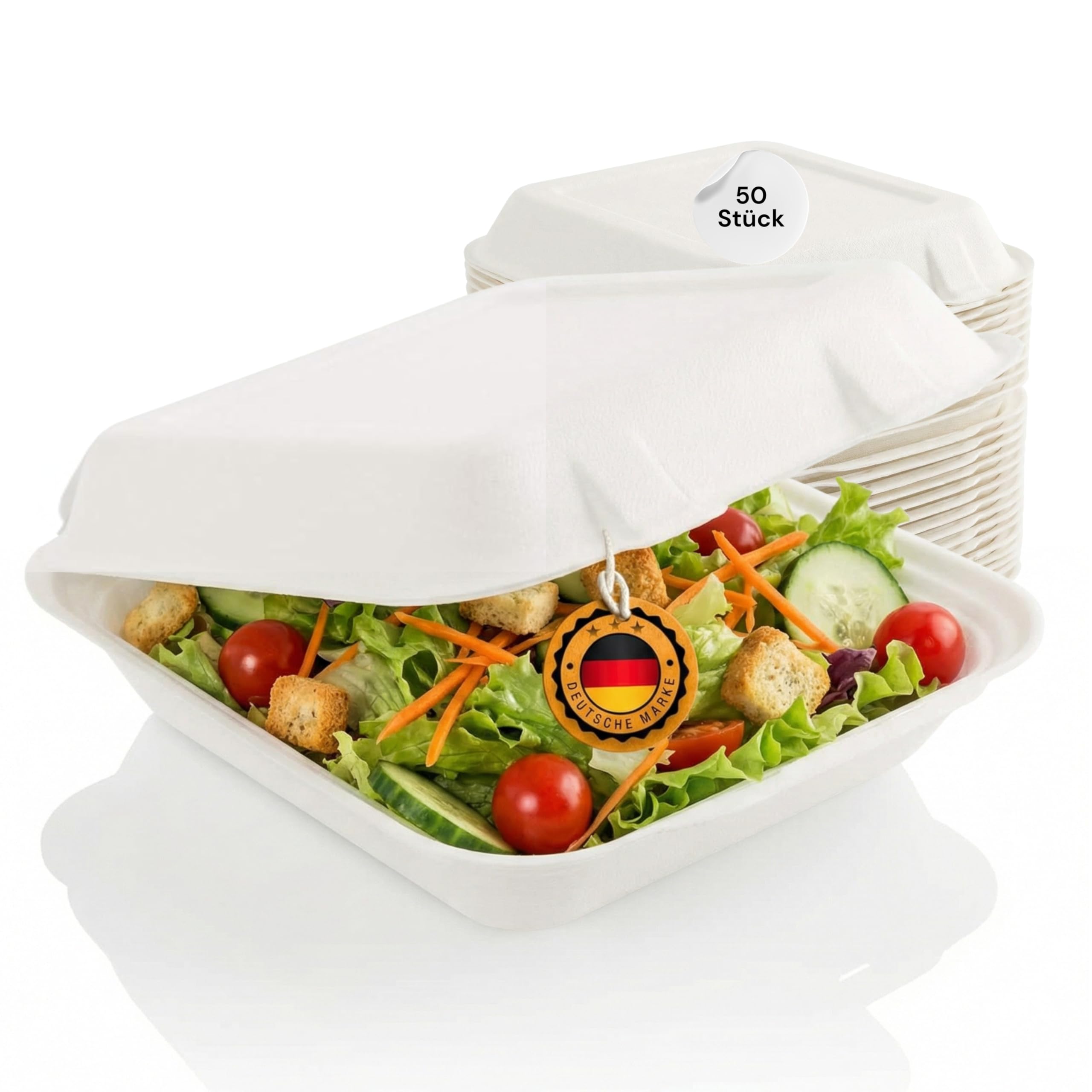 50 Stück Bio Box Take Away weiß 222 x 200 x 67 mm aus Zuckerrohr | nachhaltige To Go Lunchbox Essensbox Bentobox | Lebensmittel Behälter Einweg | kompostierbar auslaufsicher