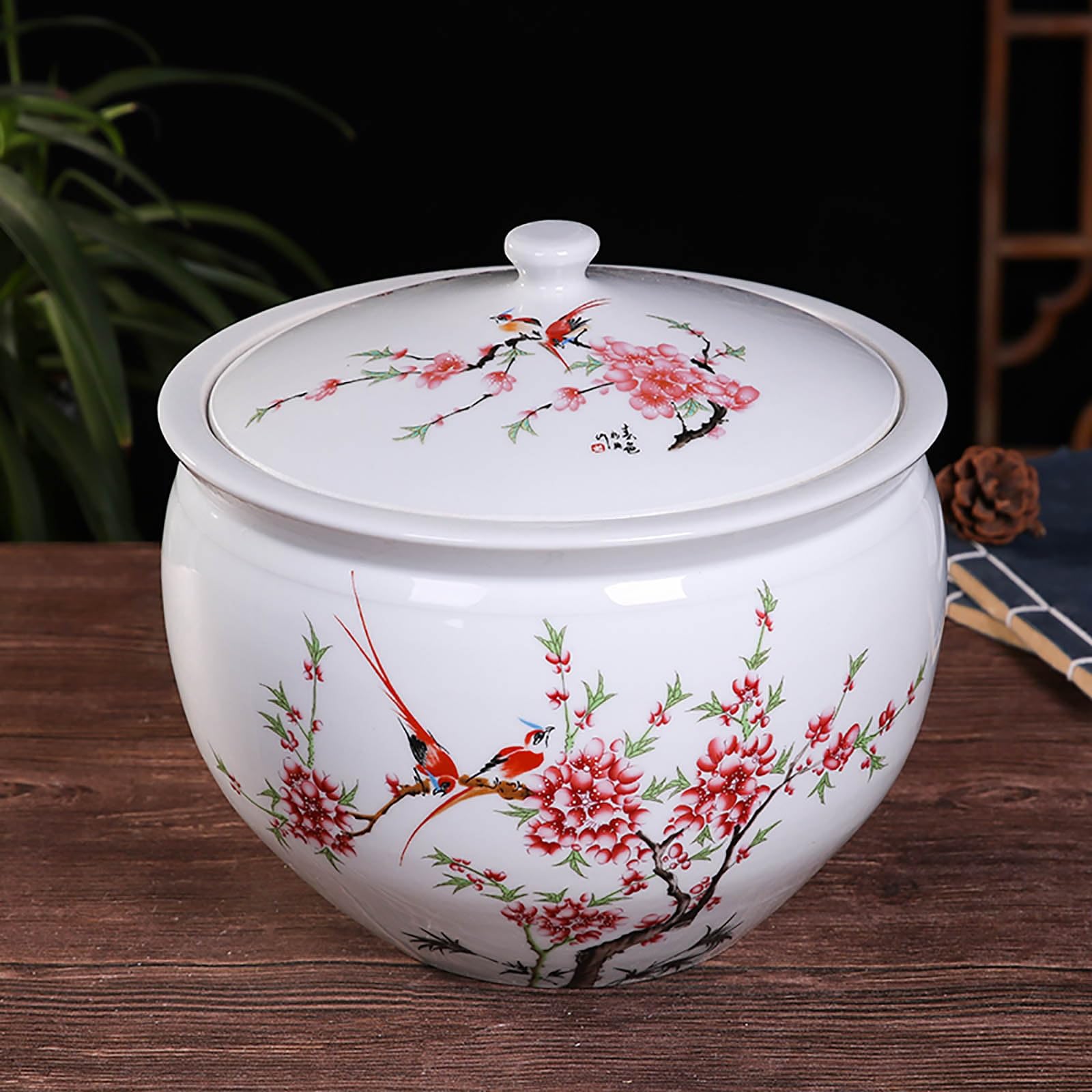 MESCXTY ﻿Ceramic Rice Container Bucket With Lid Dispenser 11lb 22lb Food Containers Jar Kitchen Airtight Canister for Coffee Nuts Snacks Tea Flour Oatmeal(Blossom Pattern,Capacity: