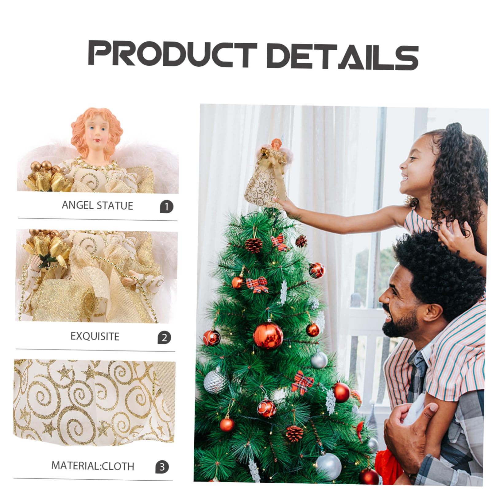Adorno Punta del Árbol de Navidad Ángel de Tela Dorado Alas de Peluche y Detalles Vivos para Ambientación Navideña en Fiestas y Dormitorios