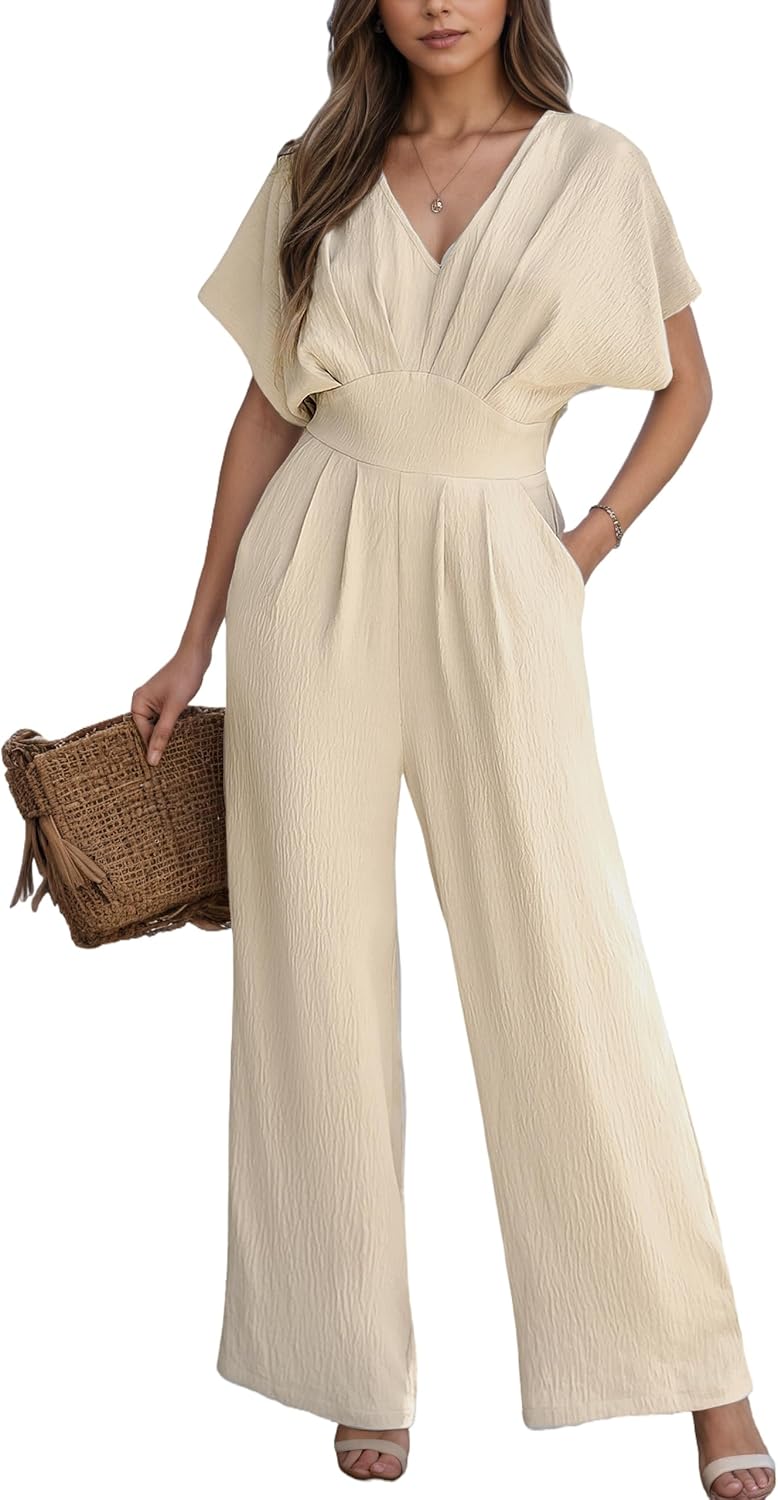 CUPSHE Womens Wide Leg Jumpsuits V-Neck Batwing Short Sleeve Summer Long Rompe Casual Outfit Pocket