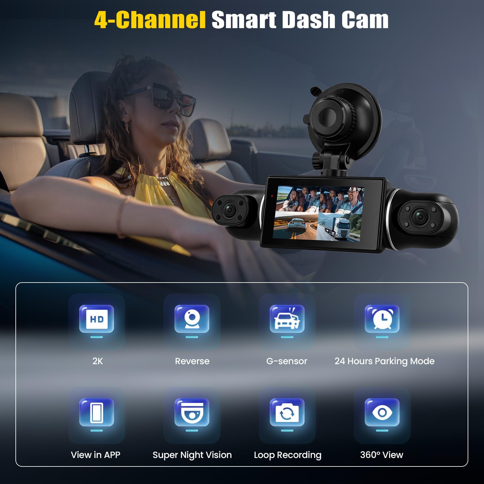 Dashcam Voiture 4 Canaux 360° avec WiFi, 2K+3*1080P Avant Arrière Droite, Autocaméra avec Vision Nocturne, Surveillance du Stationnement, G-Sensor, Enregistrement en Boucle, APP, Aide au recul