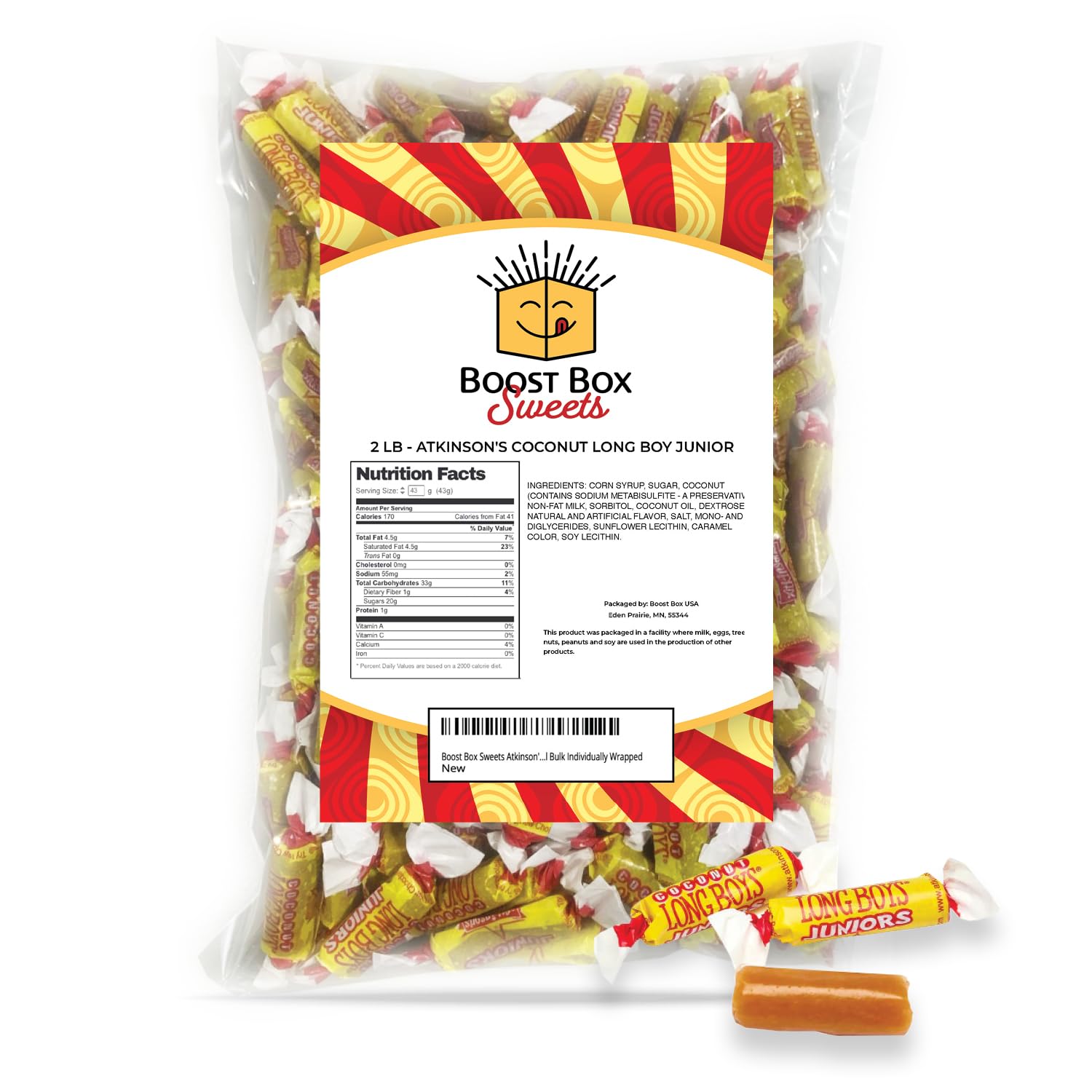 Atkinson's Long Boy Junior Coconut Chewy Caramel Bulk Candy Individually Wrapped (2 Pound)