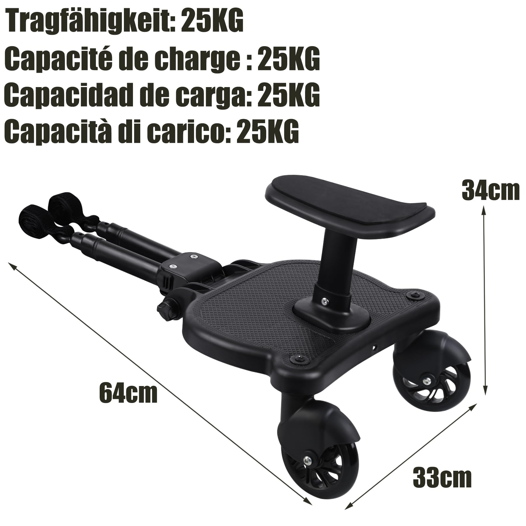 Buggy Board avec siège, marchepied universel avec deux roues à 360 °, capacité de charge 25 kg, siège de poussette amovible, accessoire de poussette pour enfants de 2 à 6 ans, noir