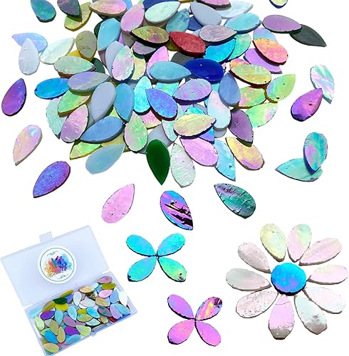Azulejos de mosaico iridiscentes de colores mezclados para manualidades, pétalos de vitrales cortados a mano, azulejos de mosaico floral, pétalos de