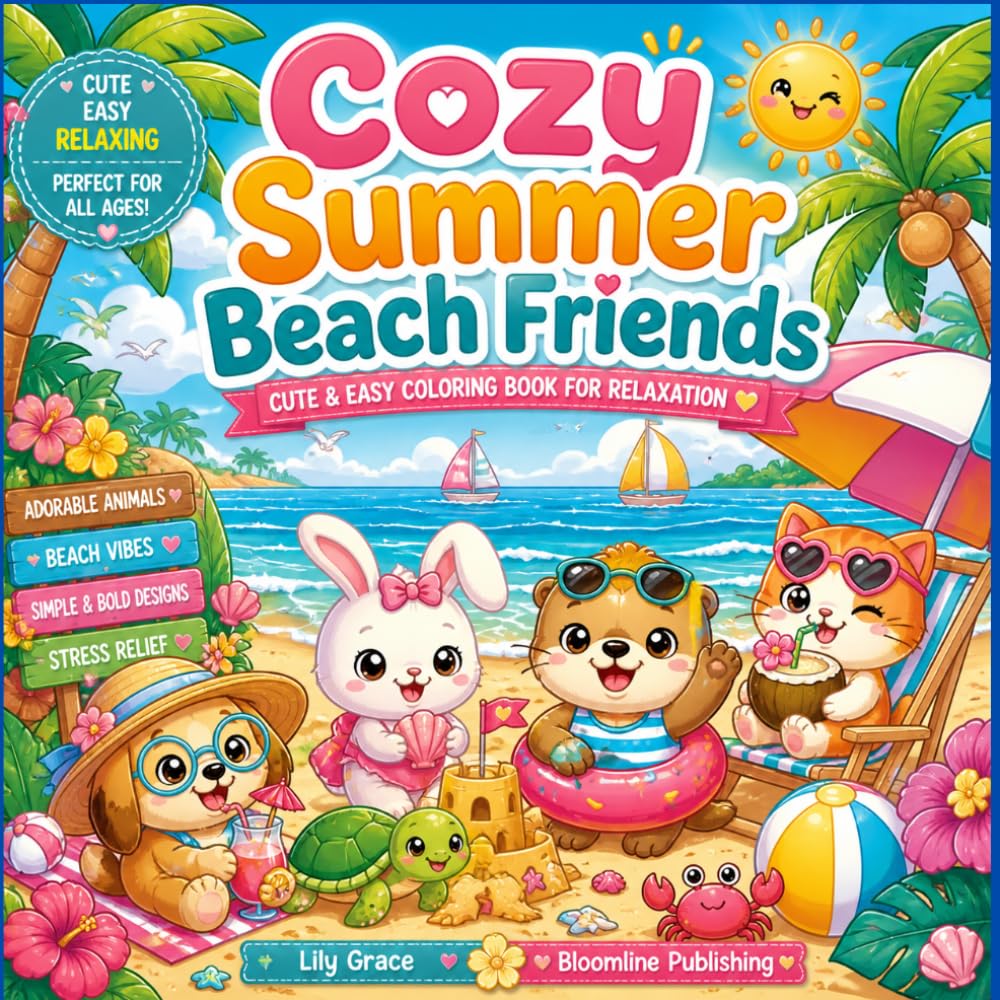 Cozy Summer Beach Friends:: 40 Easy Coloring Illustration with Adorable Animal Friends for Relaxation (Cute & Bold & Easy Coloring)