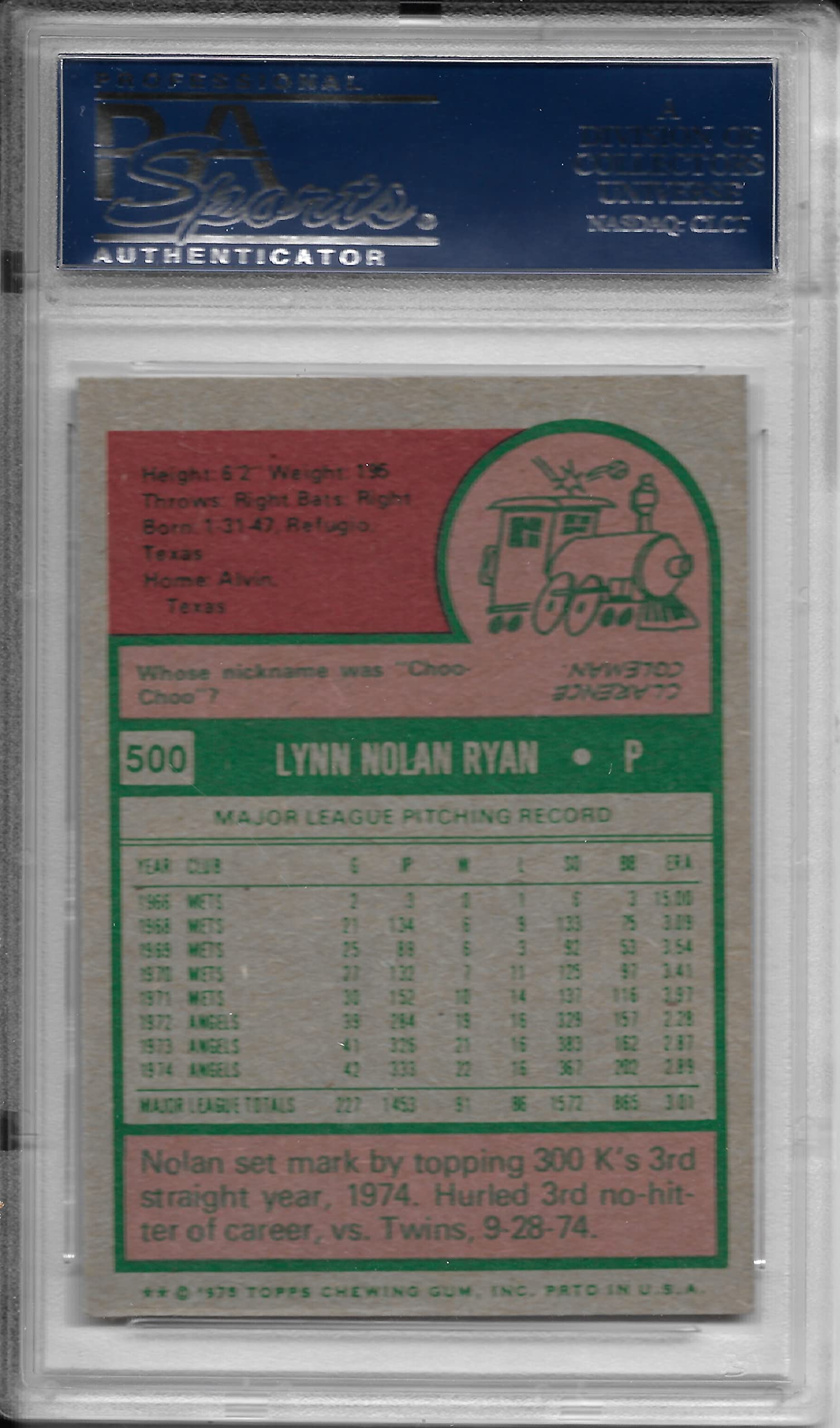 Amazon.com: 1975 TOPPS #500 NOLAN RYAN PSA 7 NM BRIGHT AND
