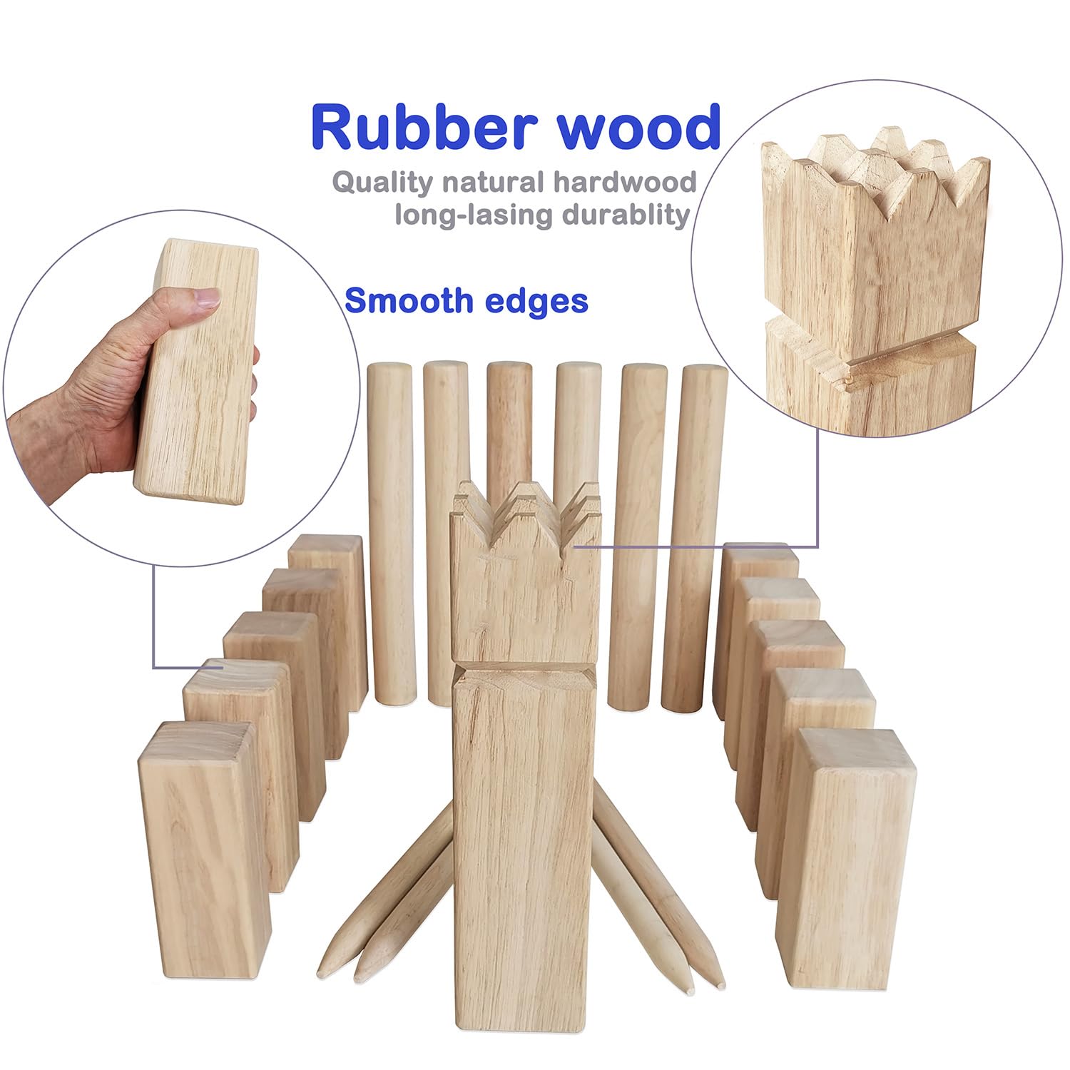 PHIBER-SPORTS Jeu d'échecs Viking Kubb, bois dur de qualité supérieure, comprend roi, 10 Kubbs, 6 bâtons de lancer, 4 marquages de terrain de jeu, sac de transport, enfants et plus