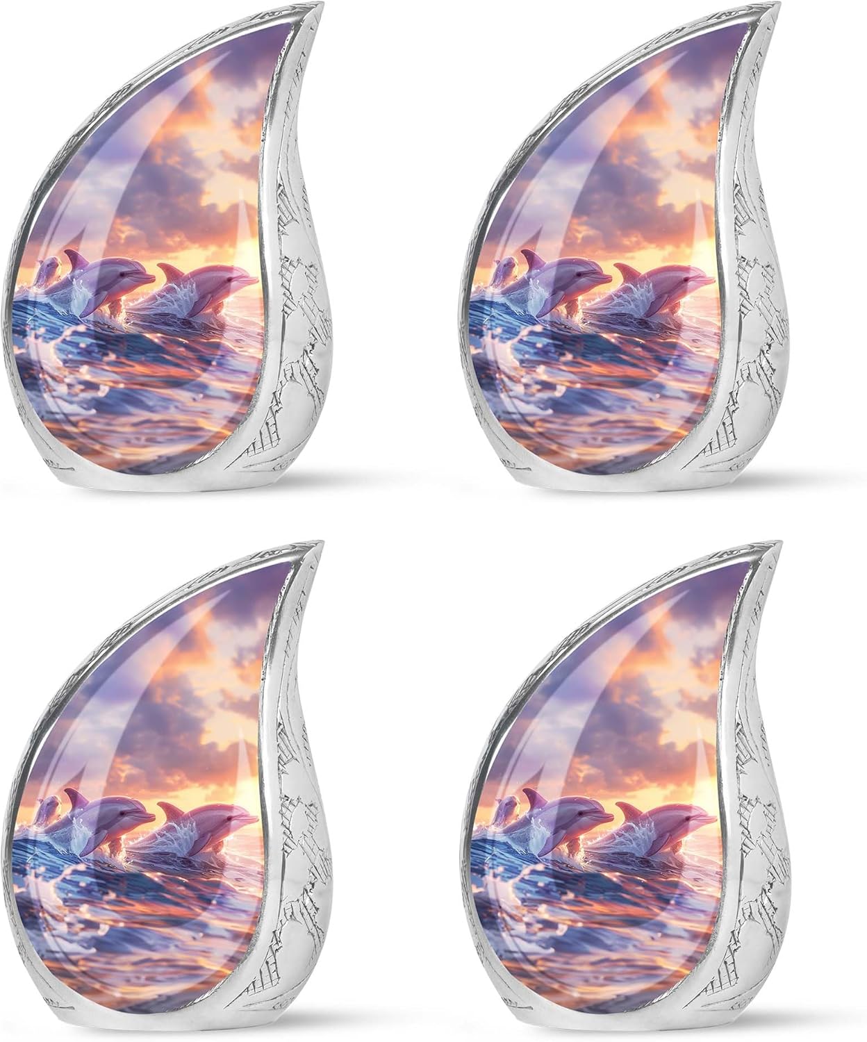 Dolphin Urn - Ceramic Keepsake Urn for Adult Human Ashes - Sunset Dolphin Serenade (Multicolor), Ocean Waves Pattern - 3 Inch 4 Pcs, Decorative Urns
