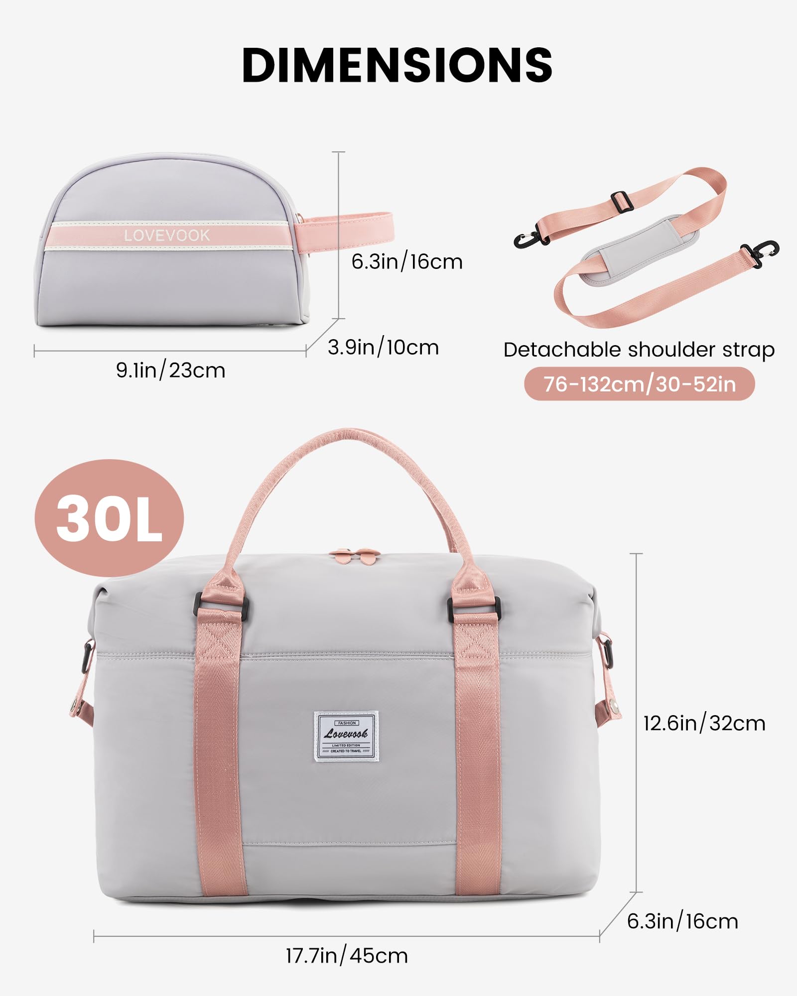 LOVEVOOK Borsa da viaggio da donna, sportiva, borsa da viaggio, borsa da palestra, aereo, grigio e rosa, M-30L, moderno