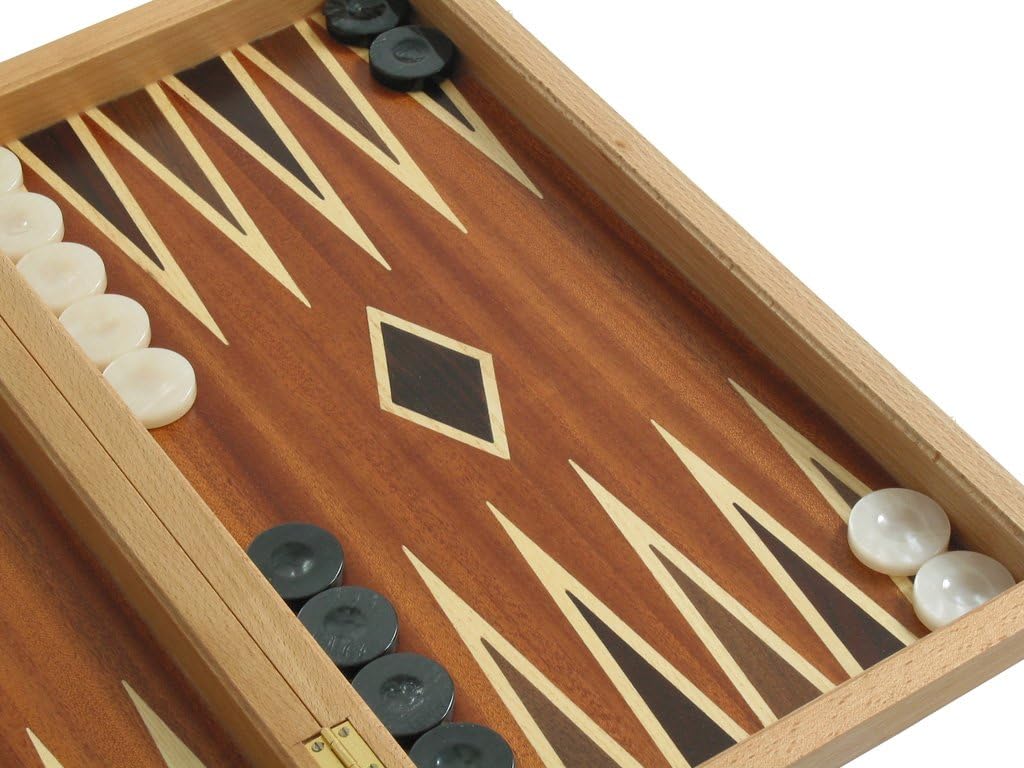 Mahogany Backgammon Set with Double Inlays - Large Wood Case 19"