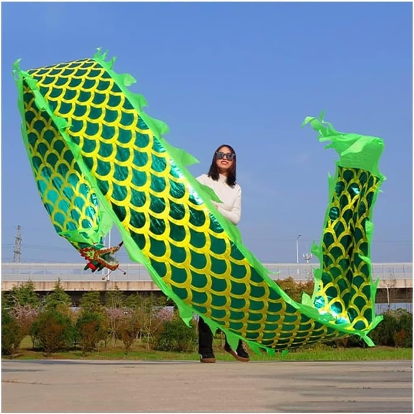 Silk Ribbon for Throwing Dragon Dance Kung Fu Outdoor Exercise Tape POI Swivel and Shaker (Green, 19.7FT)