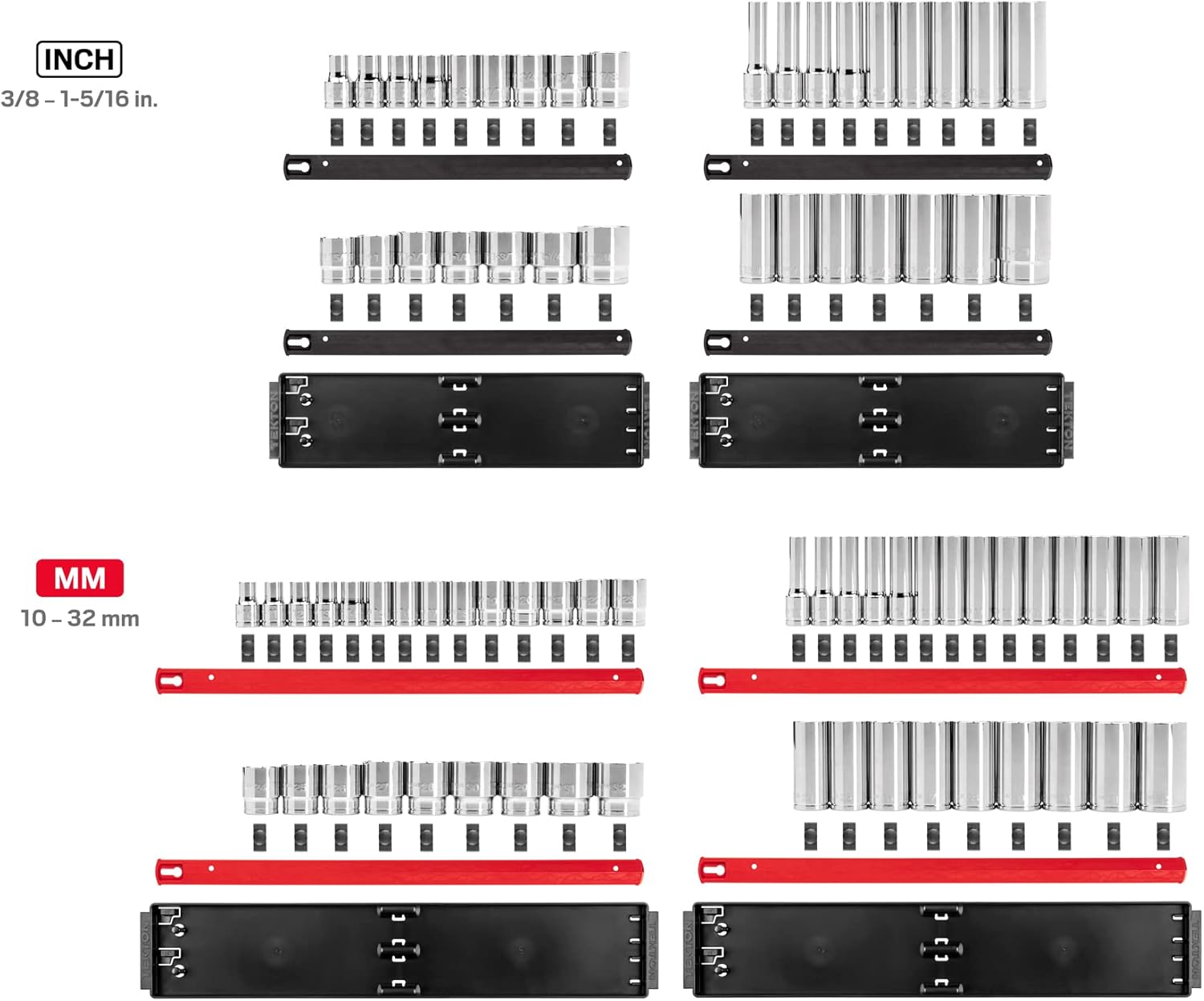 TEKTON 1/2 Inch Drive 6-Point Socket Set with Rails and Trays, 78-Piece (3/8-1-5/16 in., 10-32 mm) | SHD92215