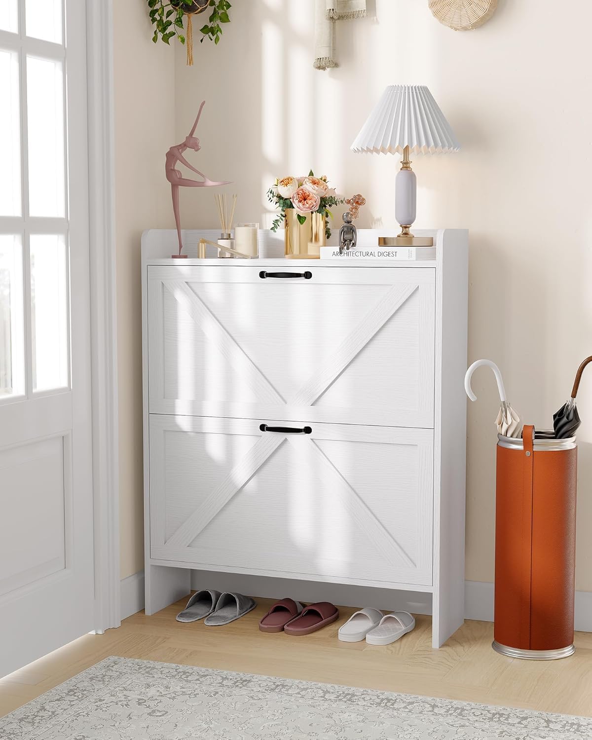 Breit 80 X24x100 Hoch cm Schuhschrank Mit 2 Klappen, Verstellbare Zweistufige Regalböden, Schmal Schuhkipper Schrank Shoe Cabinet für Flur, Weiß