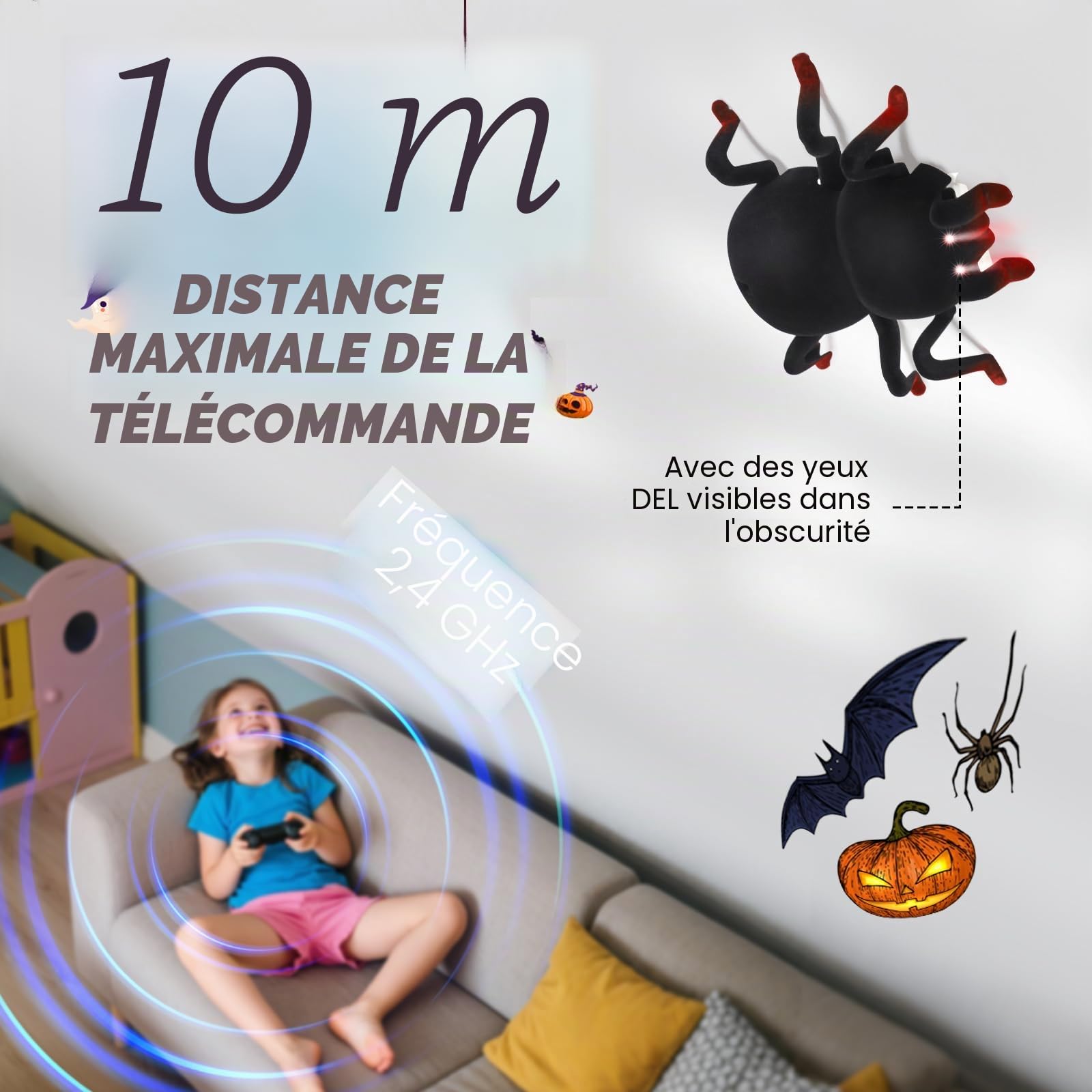 L'Araignée RC Télécommandée - Grimpe aux Murs & Plafonds Rechargeable avec Yeux LED - Jouet Robot Araignée pour Enfants dès 3 Ans - Cadeau Effrayant pour Garçons & Filles à Halloween