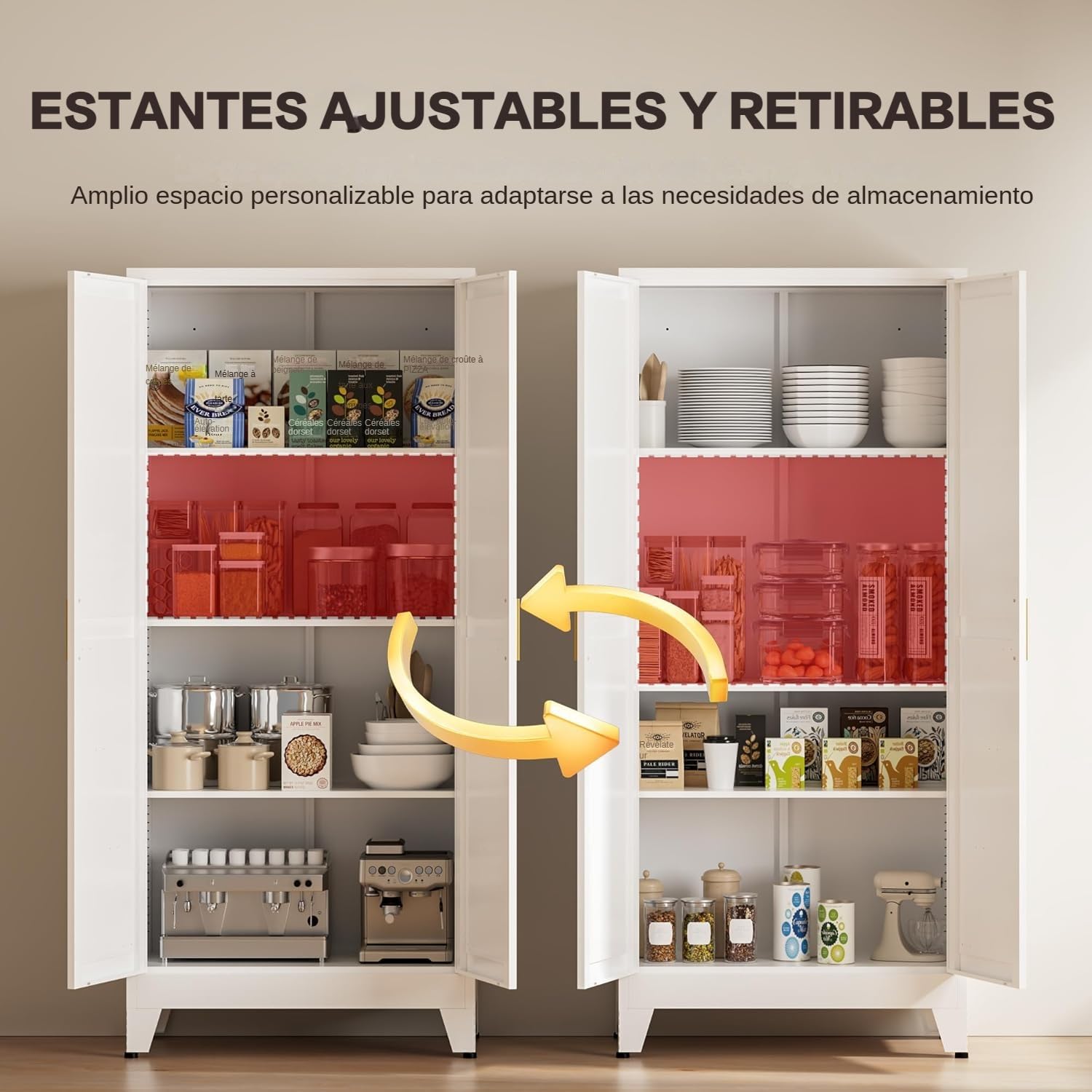 Armario Metalico Alacena, Aparador Comedor de Metal, Armario Cocina Almacenaje con Estantes Regulables, Área culinaria, Salón, 35x70x155cm, Blanco