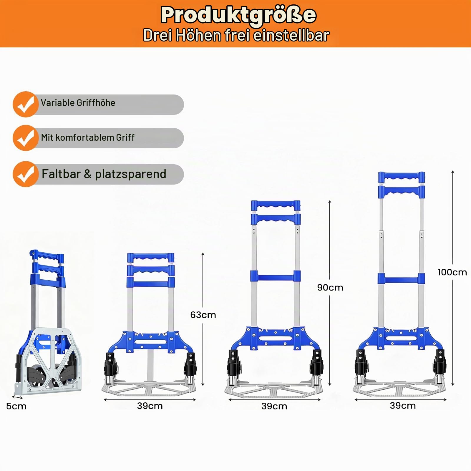 MAXBROTHERS Sackkarre klappbar-Einkaufstrolley-Extra Long Telescopic Handle 100 cm-rutschfeste Ladefläche-1 Expanderseilen-165 pund Tragkraft- 2 TPR-Räder
