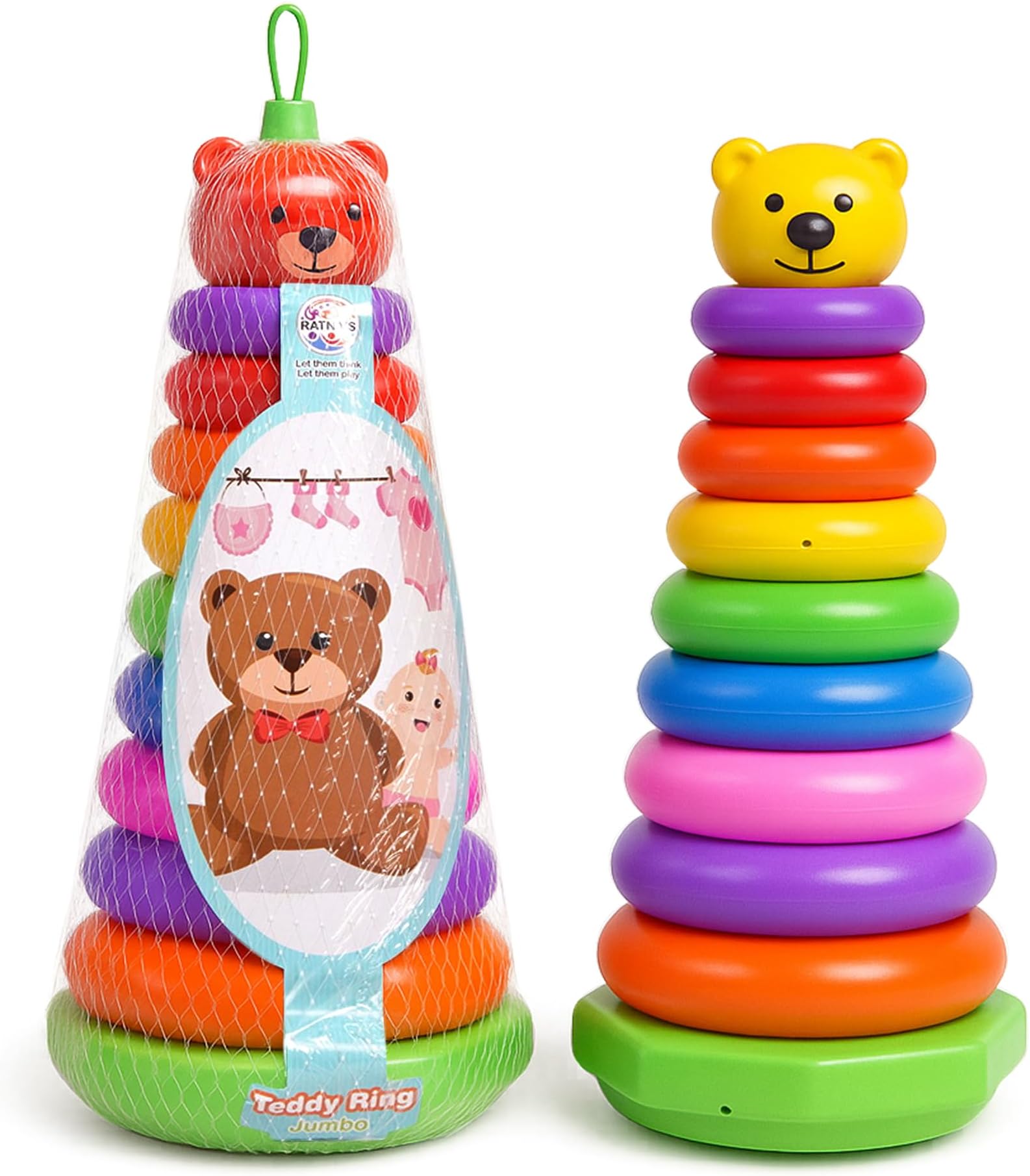 Plastic Baby Kids Teddy Stacking Ring Jumbo Stack Up Educational Toy Assorted color Rings Tower Construction Toys