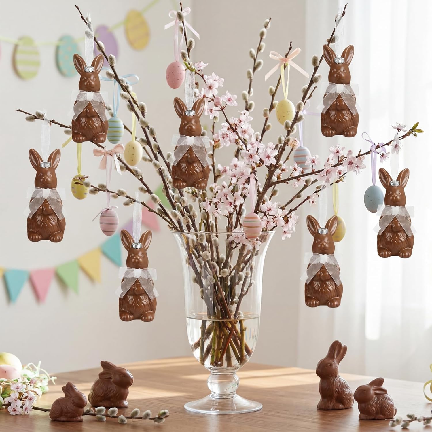 Lunmon 15 Pcs Easter Tree Ornaments 3.9 Inch 3D Chocolate Bunny Easter Tree Decorations Brown Plastic Rabbit Hanging Ornament Spring Rabbit Ball Decorations for Home Basket Filler Party Favors Gifts
