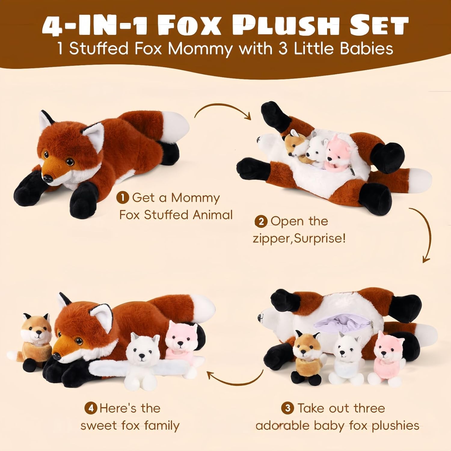 Youthfuljive 4Pcs Fox Stuffed Animal Plush Set, 19" Large Mommy Red Stuffed Fox Plush Toy with 3 Baby Foxes Fox Plushies Pillow Fox Toys for Girls Boys Kids Birthday Christmas Plush Gifts Decor