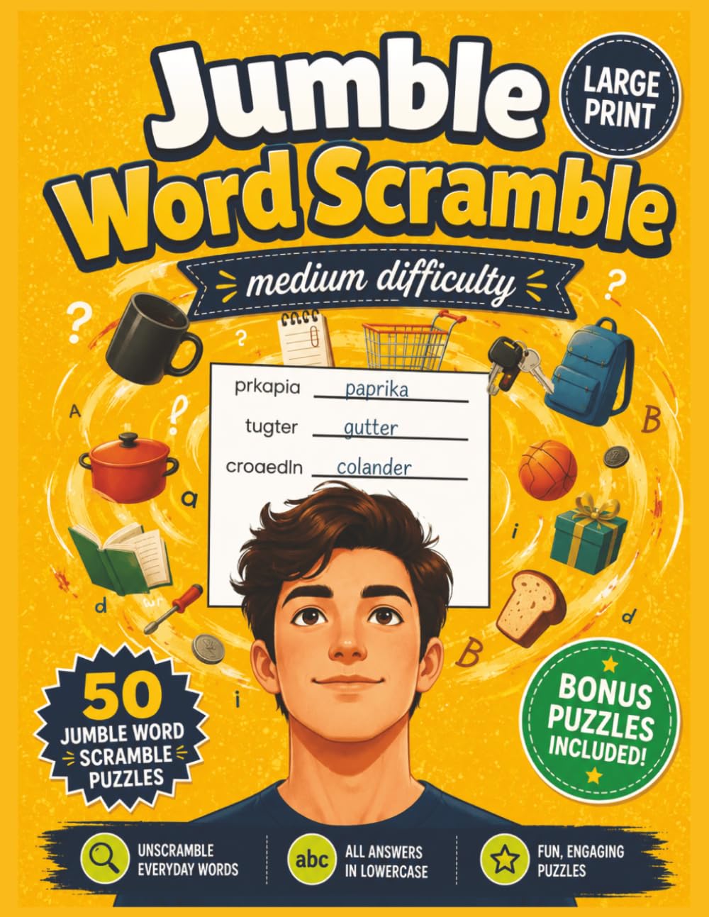 Jumble Word Scramble Puzzle Book - Medium Difficulty: 50 Word Scramble Puzzles with Bonus All Directions Word Searches | Relaxing Brain Games with ... (Large Print Jumble Word Scramble Books)