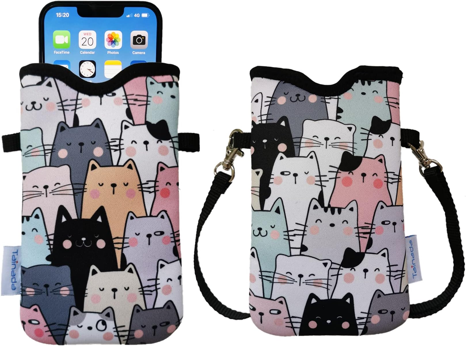 Tainada Men Women Neoprene Phone Sleeve Pouch Case Bag with Crossbody Strap/Neck Lanyard for iPhone 14/13 / 12 Pro Max, 14 Plus, Samsung S22+, A53, Google Pixel 6 (Doodle Cats Style 1)