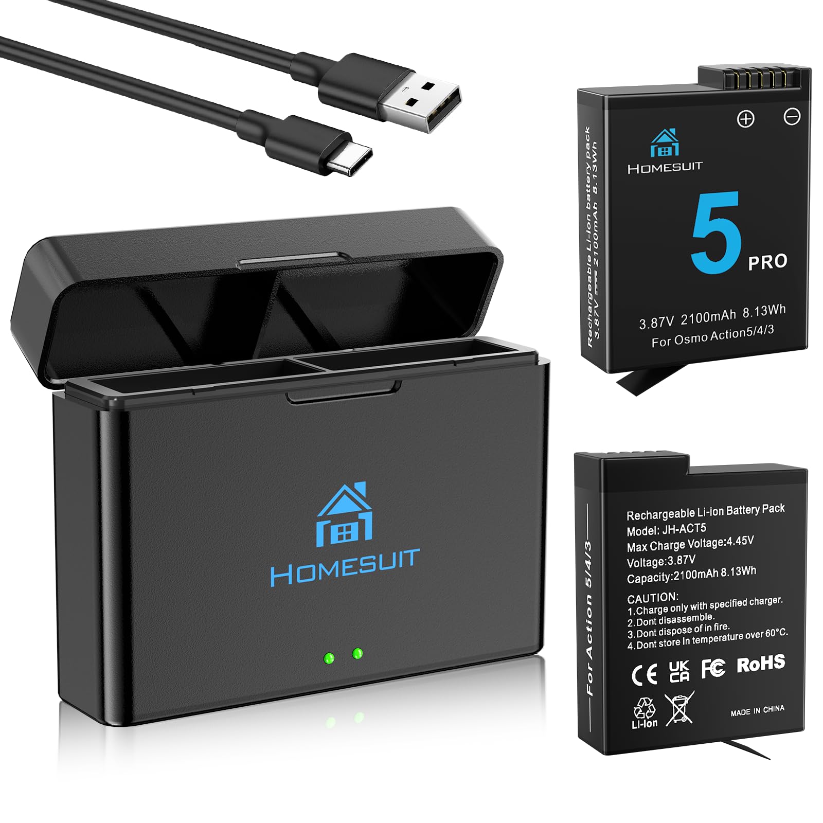 Homesuit Osmo Action 6 5 Pro 4 3 Akku 2100mAh und Dual USB LED Ladegerät Kit für DJI OSMO 360, OsmoAction6, OsmoAction5Pro, OsmoAction4, OsmoAction3 (2er-Pack)