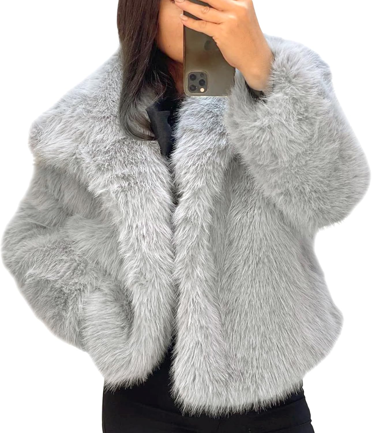 Wyeysyt Womens Faux Fur Coat Cropped Fluffy Shaggy Jacket Lapel Winter Warm Furry Short Coat