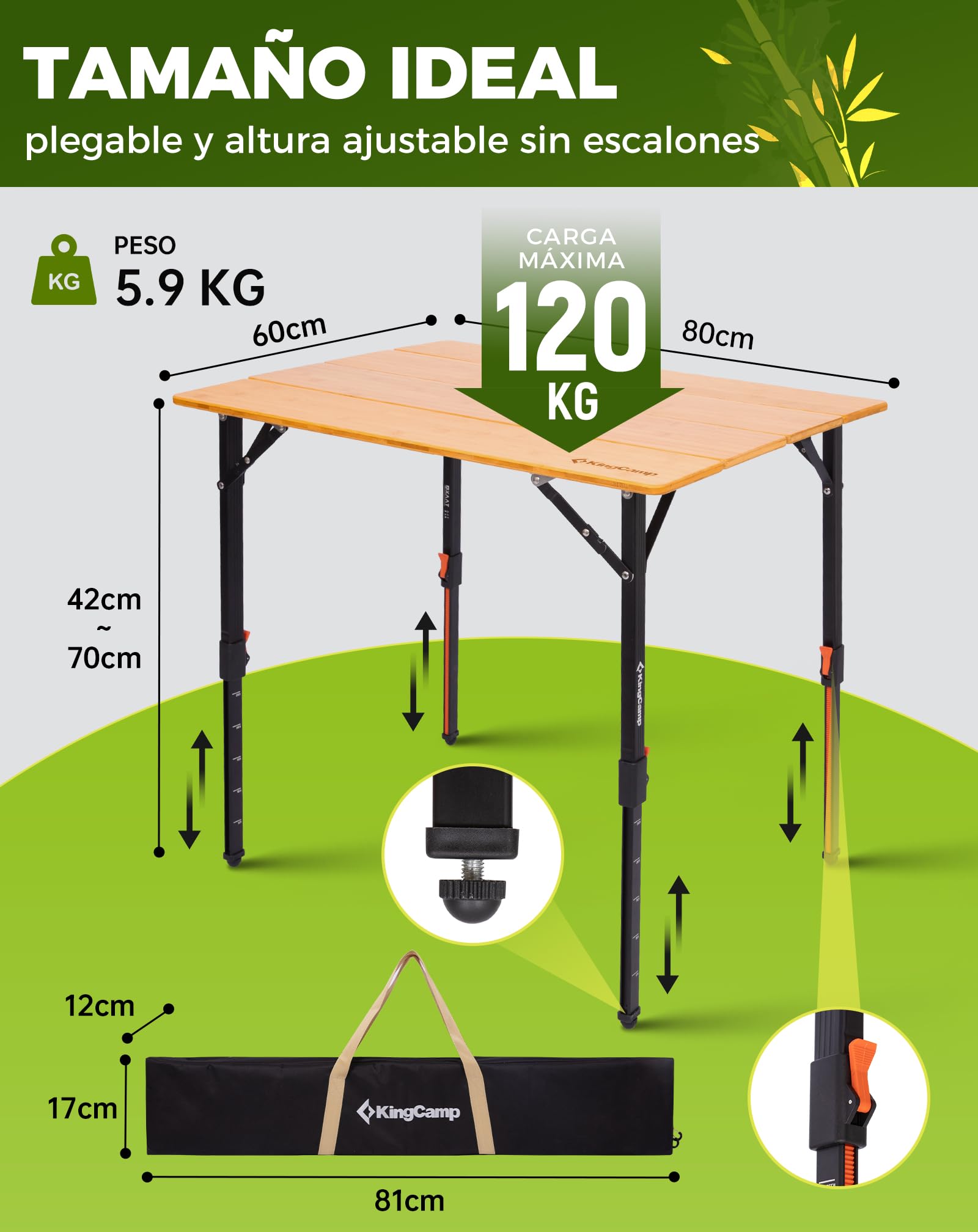 KingCamp Mesa de Camping Plegable de bambú Natural, Altura Ajustable (42-70 cm), Capacidad de Carga de 120 kg, Plegable Resistente para Camping, jardín y Picnic