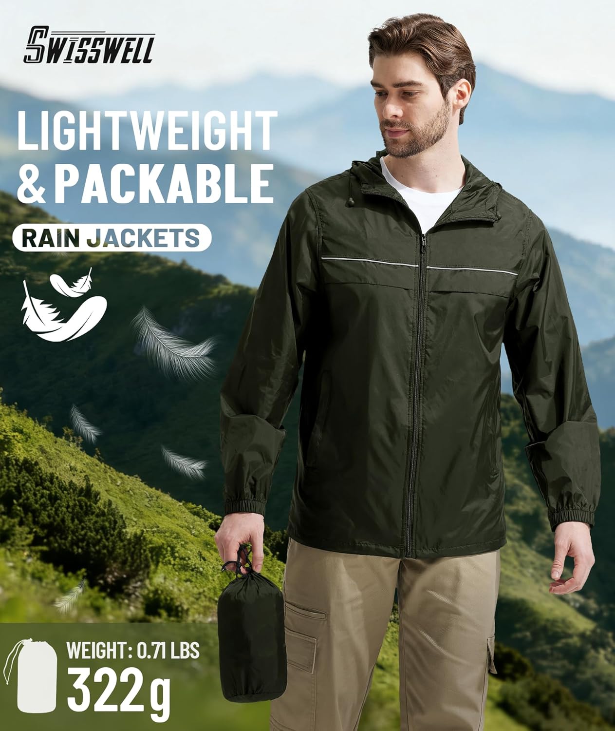 SWISSWELL Mens Rain Jacket & Coats Packable Lightweight Waterproof Windbreaker Hooded for Golf Cycling Hiking - Image 6
