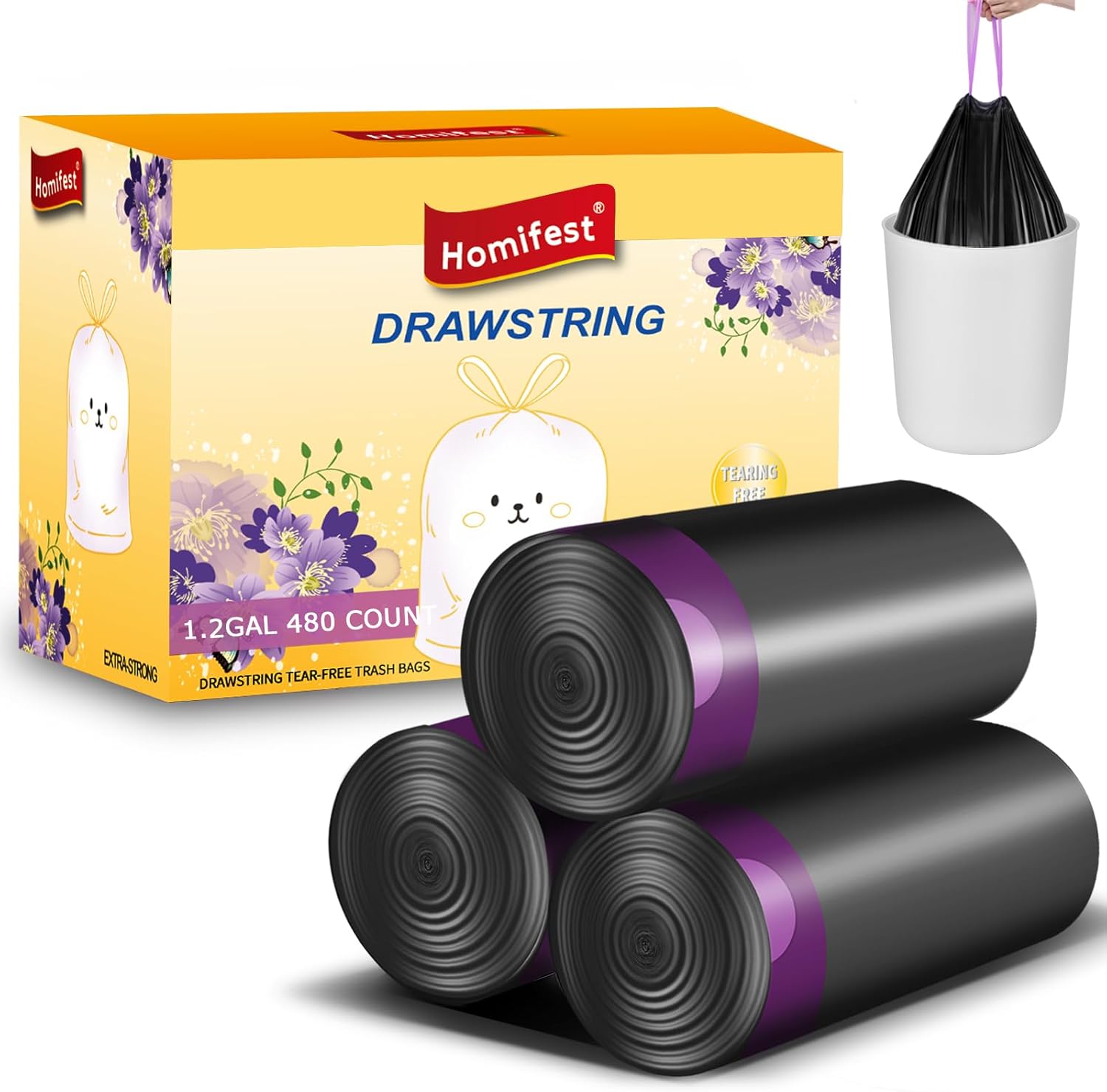 1.2 Gallon Drawstring Trash Bags,480 Count Black