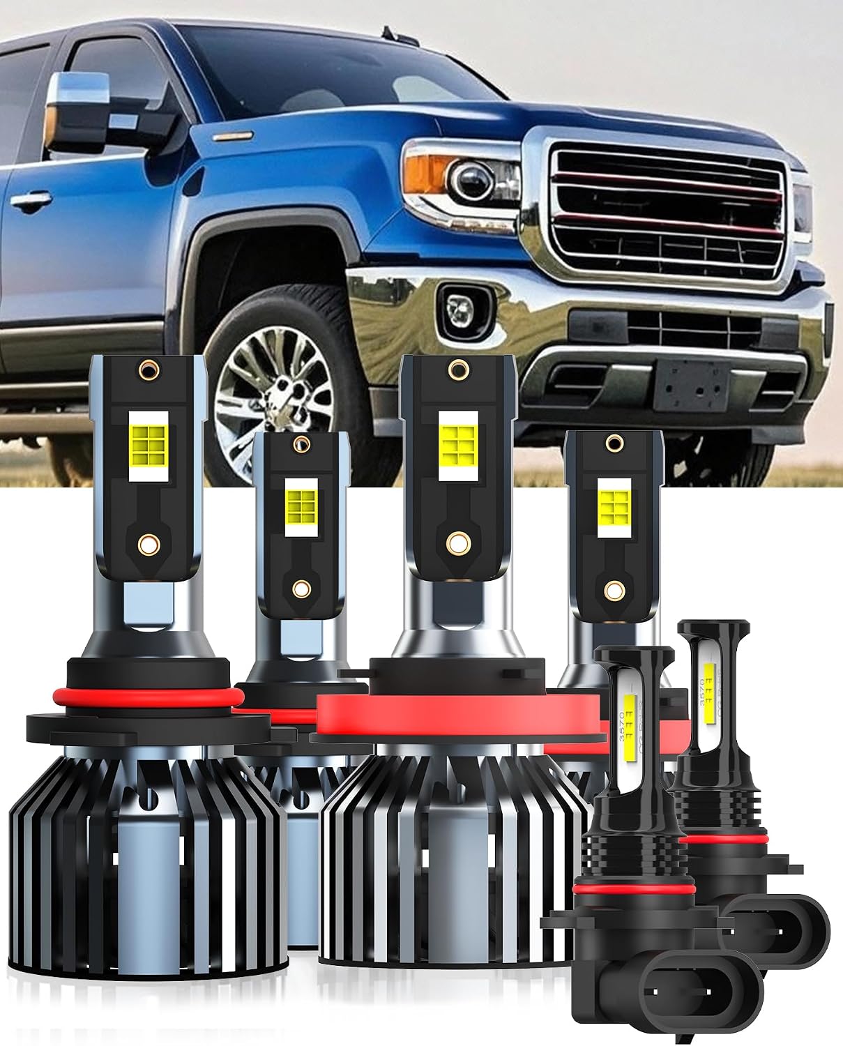 Bulbs Fit for GMC Sierra 2500 3500 2007-2014 & 2017-2020, 9005 High Beams H11 Low Beams H16 Fog Lights Combo Kit, 400% Brightness 6000K White Light, Direct Replacement, Plug-N-Play, 6 Pack
