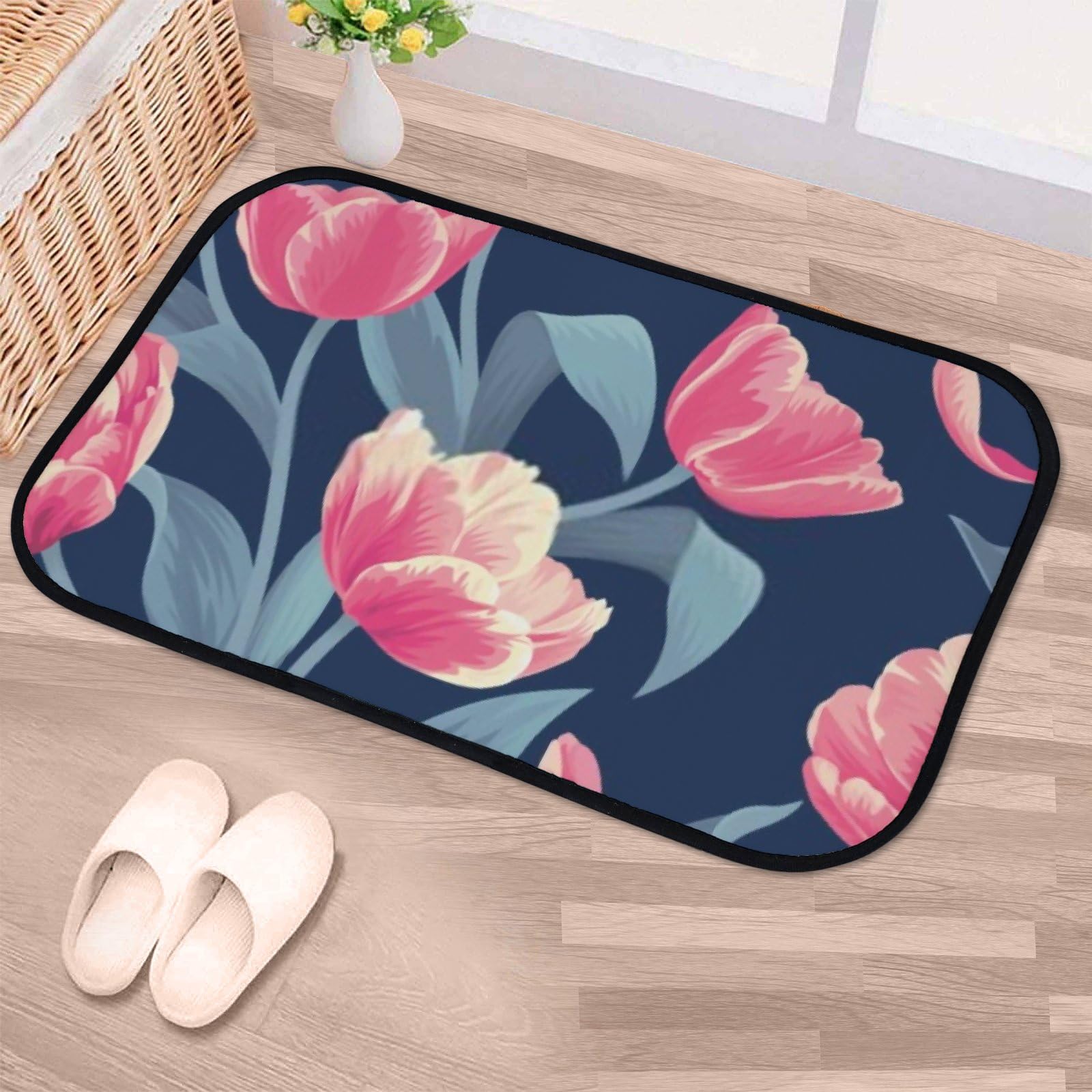 Nuansexi Bathroom Rugs Orange Tulip Flowers Floor Mats Non Slip Bathmat Doormat Tub Mat Coral Velvet Absorbent Entrance Carpet Mats Machine Washable Bedroom Decor