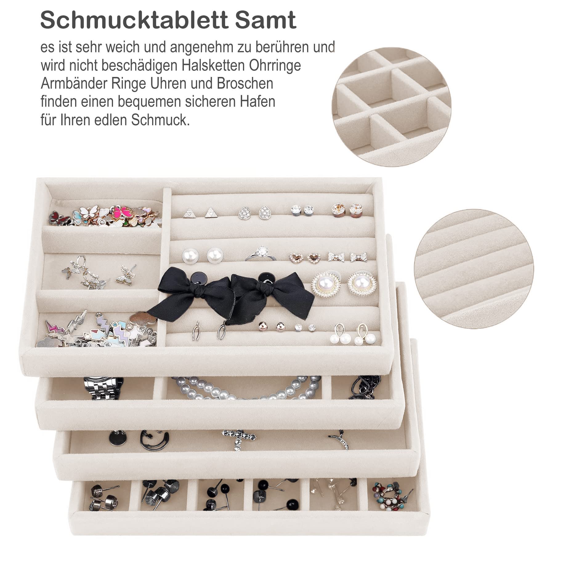 Organisateur De Bijoux Lighterday - Lot 4 Plateaux Velours Beige Empilables Avec Séparateurs Amovibles Pour Tiroir