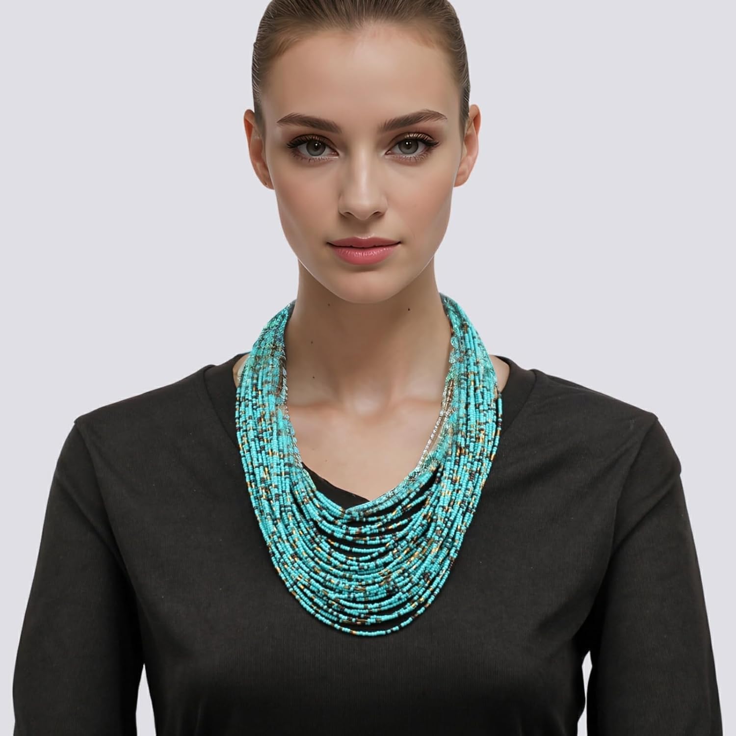 Colorful Chunky Statement Pendant Necklace Earrings Set for Women Bohemian Seed Bead Vintage Ethnic Multi Layers Female Jewelry Set - Image 2