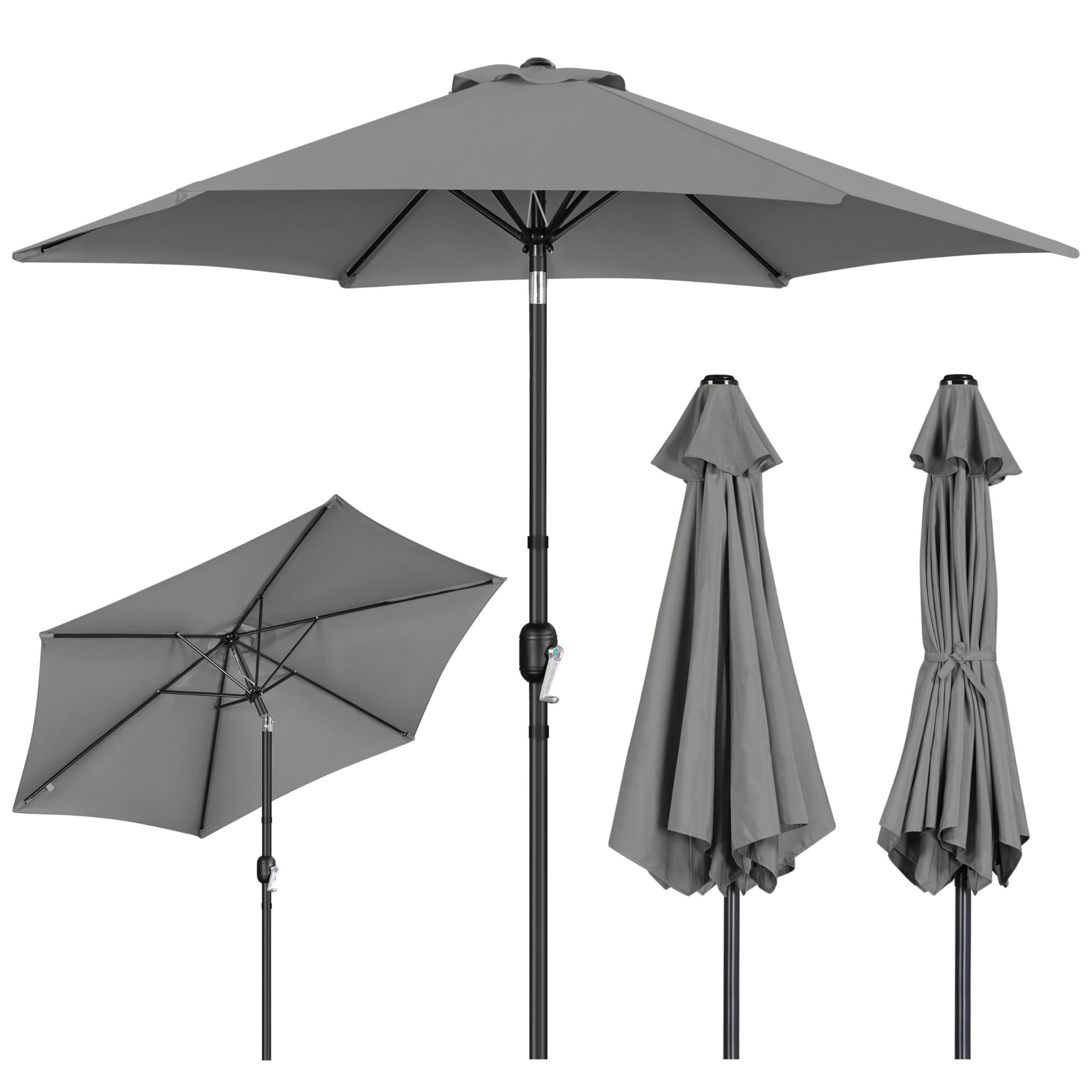 Yaheetech Sombrilla de Jardín con Manivela Inclinable Ø270x241cm Protección UV Columna de Hierro 6 Varillas de Metal para Terraza Exterior Balcón sin Soporte Gris
