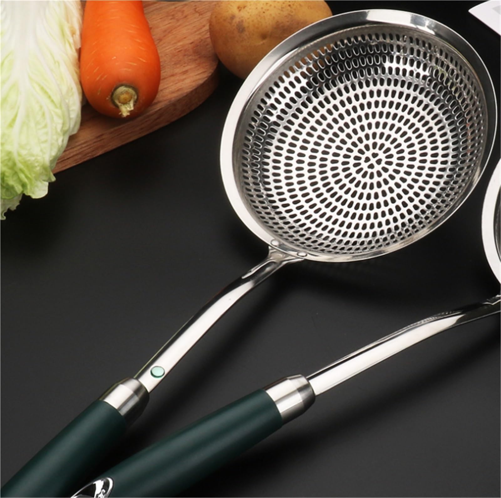 Espumadera, Colador De Cocina, Espumadera De Cocina, Red De Drenaje De Acero Inoxidable, Mango Largo Fangtan Cuchara Coladora(Green-with Hook,40cm)