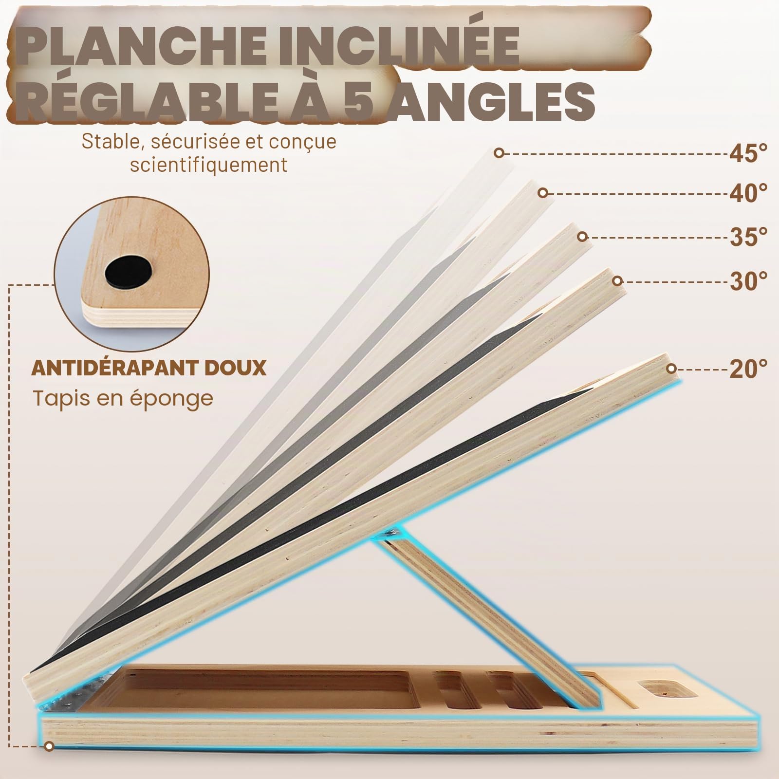 Planche d’Étirement Inclinée Réglable en Bois 40×30×4,5 cm avec 5 Bandes de Résistance – Planche Fitness Antidérapante pour Squats, Mollets & Rééducation – Inclinaison pour Yoga, Pilates et Kinésithér