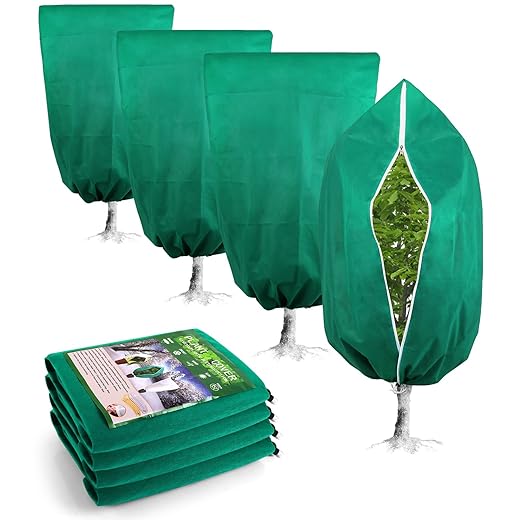 Plant Covers Freeze Protection, 4 Pack Frost Cloths with Zipper Drawstring (31.5" x 47.3"), Reusable Garden Fruit Tree Shrub Potted Protection Cover Bags Blanket for Winter Outdoor Frost Cold Weather