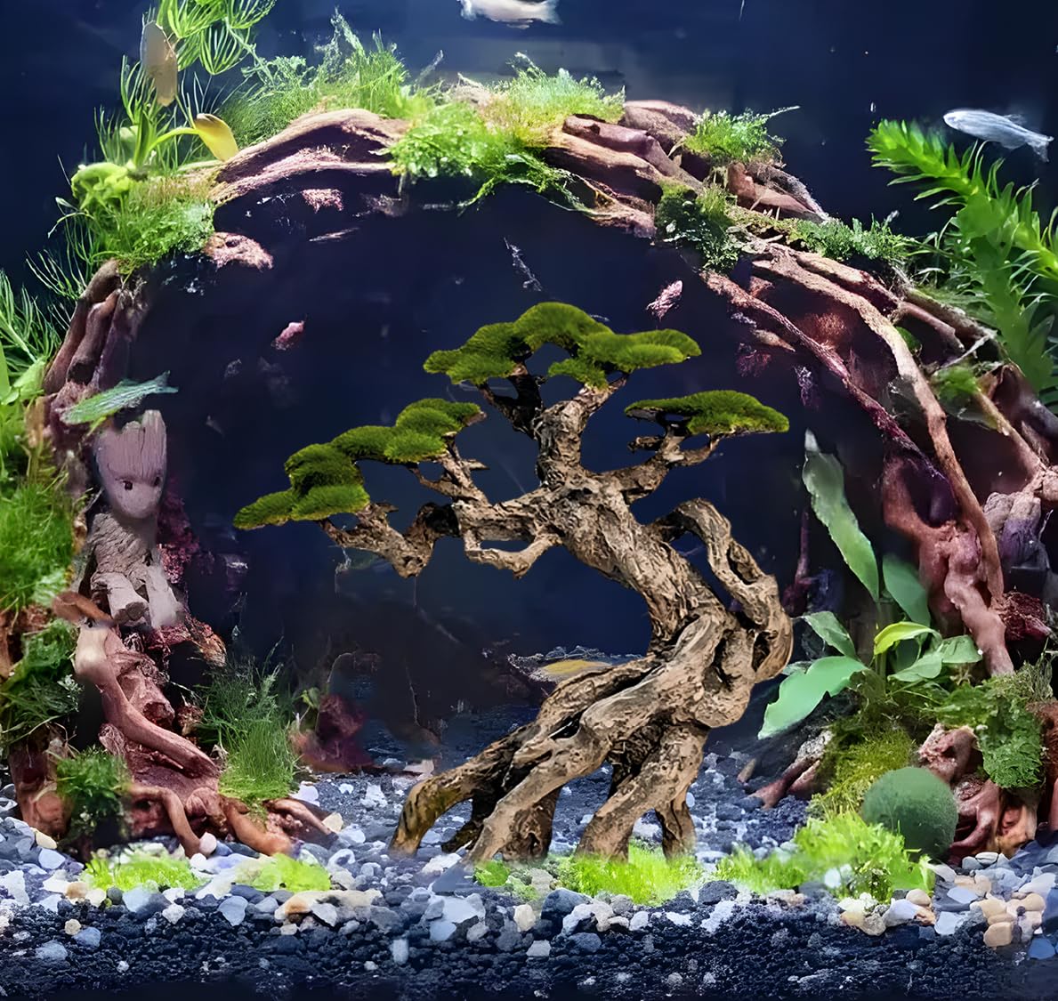 Novelsite Aquarium Dekoration Bonsai Bäume auf Felsen mit künstlichem Moos aus Steinzeug für Goldfische und Bettas