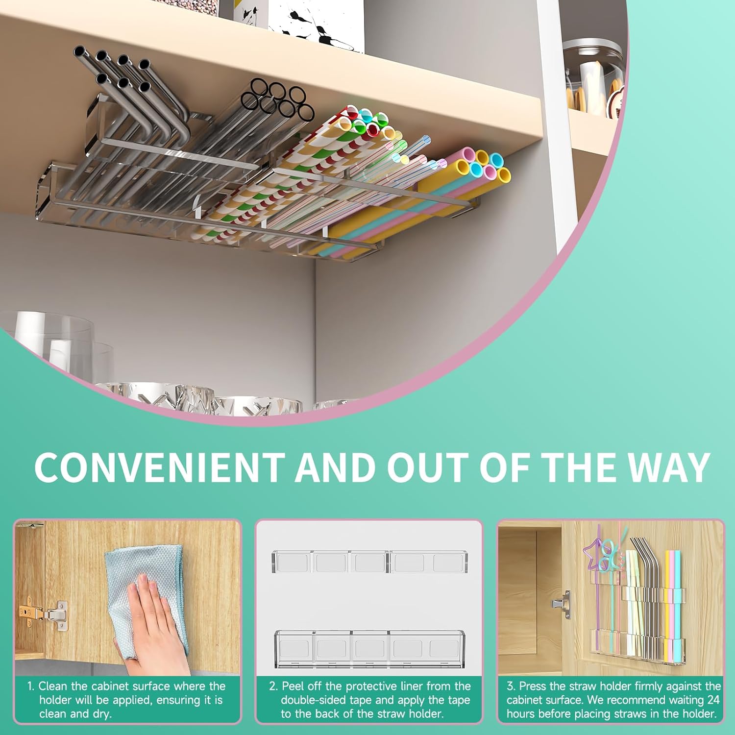 Acrylic Straw Organizer for Cabinet Door - 9.5'' Large Transparent Adjustable 3-Part Reusable Drinking Straw Holder Dispenser Kitchen Accessories Container Cupboard Door Mounted - Image 9