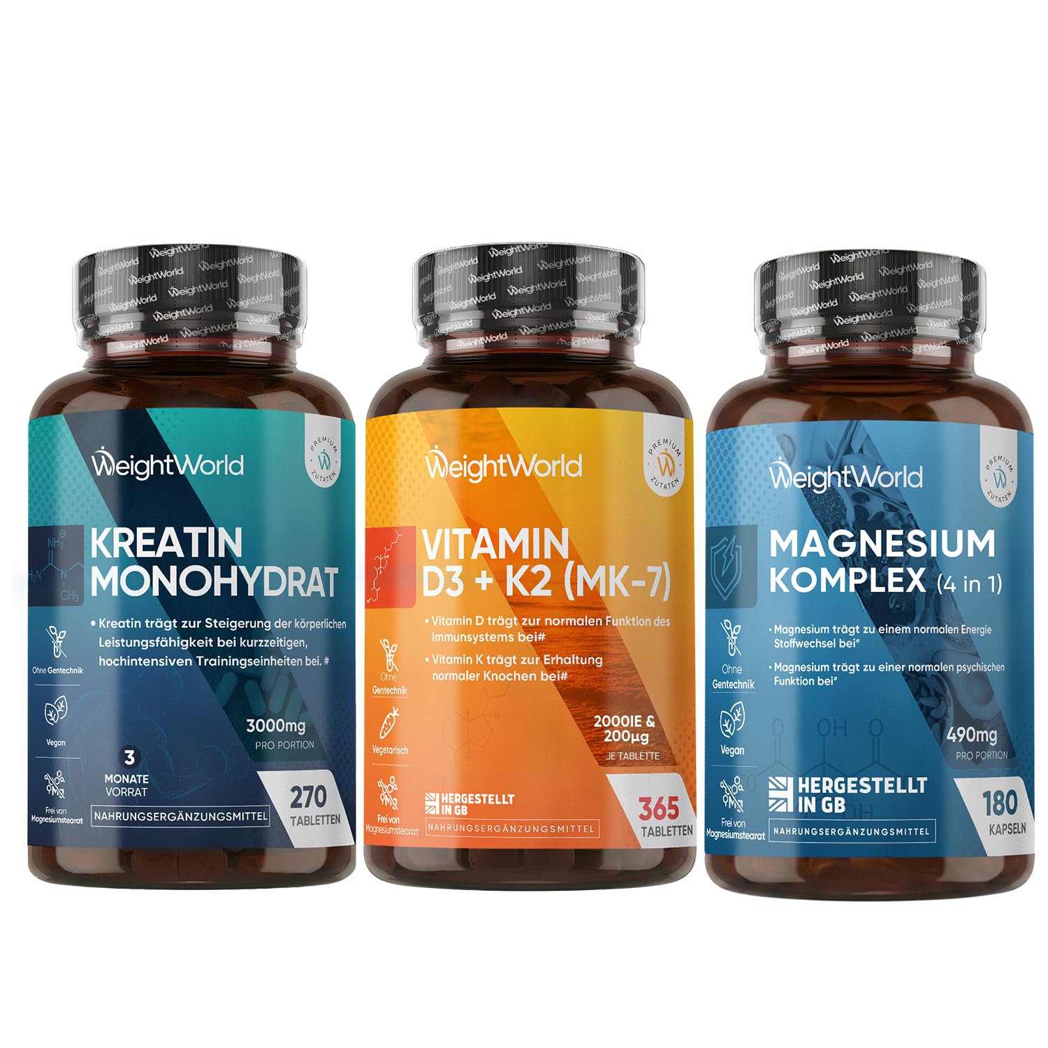 Vitamin D3 K2 2000 IE Tabletten + Creatin Monohydrat Tabletten + Magnesium Komplex 4 in 1 Kapseln - Gemäß GMP - Frei von Magnesiumstearat, Gluten & Gentechnik - WeightWorld