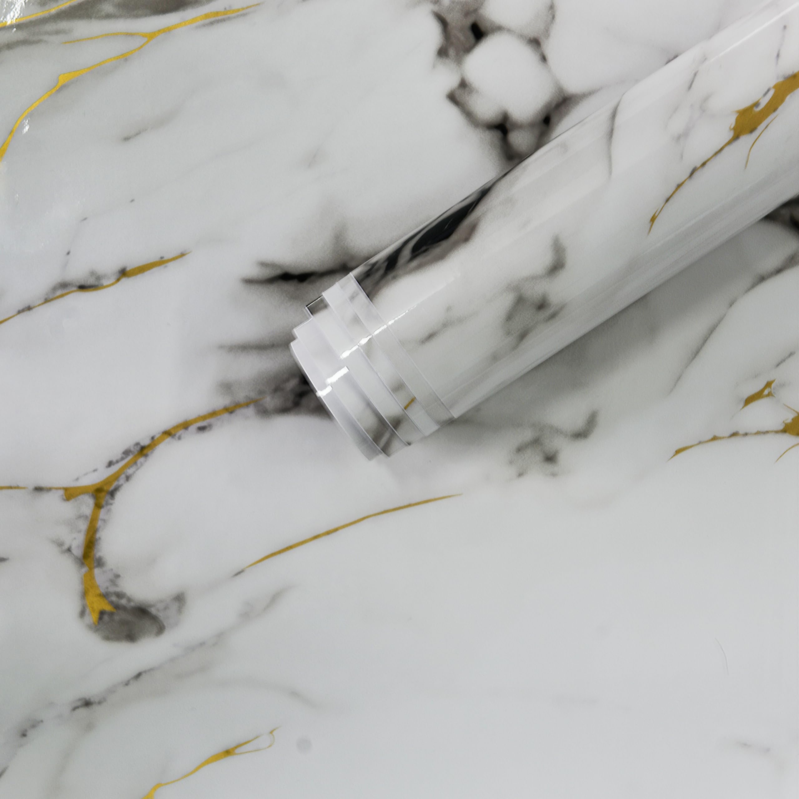 TOTIO Self-Adhesive Marble Adhesive Film High Gloss White Gold Adhesive Film Marble Furniture Vinyl Glossy Cabinet Film Wallpaper Furniture Film for Kitchen Worktop Furniture Living Room 40 x 900 cm — image 1